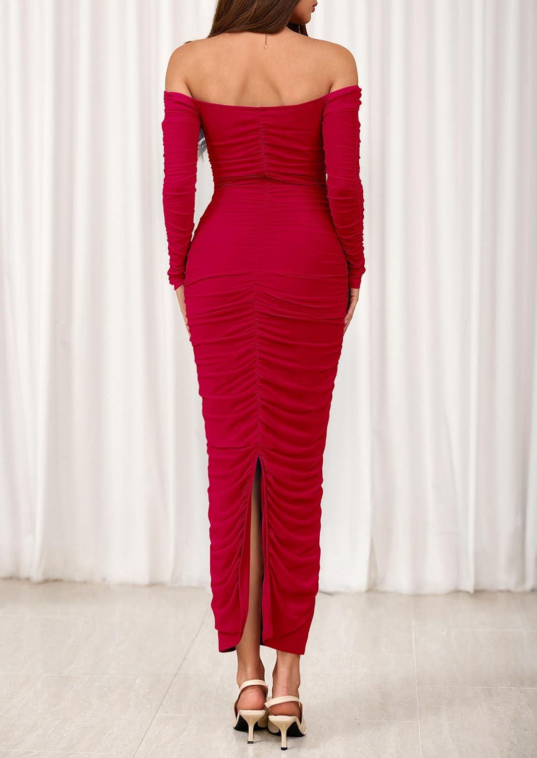 imagePRETTYGARDEN Womens 2026 Fall Long Sleeve Maxi Dress Off Shoulder Mesh Ruched Bodycon Trendy Long Wedding Guest DressesRed