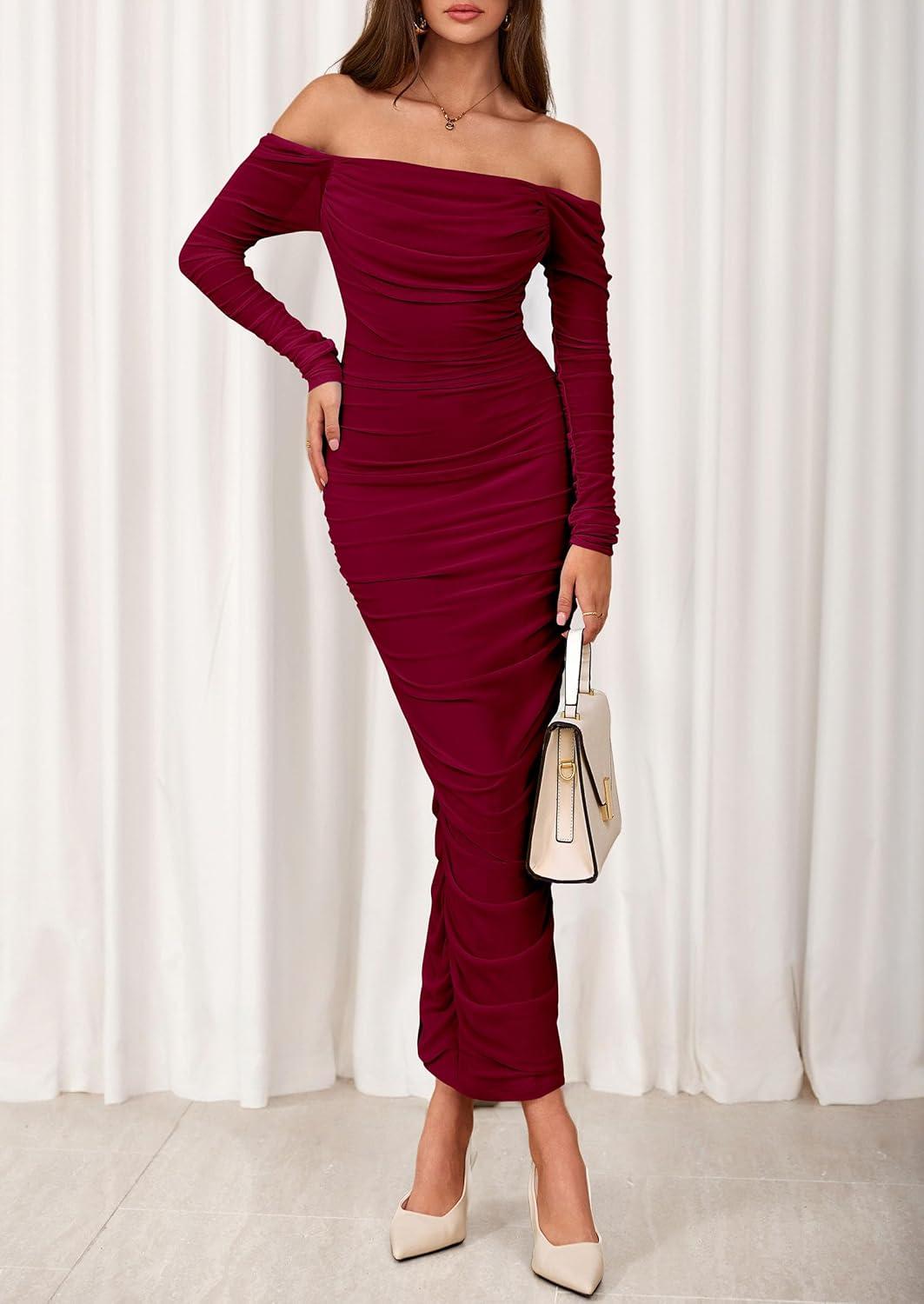 imagePRETTYGARDEN Womens 2026 Fall Long Sleeve Maxi Dress Off Shoulder Mesh Ruched Bodycon Trendy Long Wedding Guest DressesWine Red