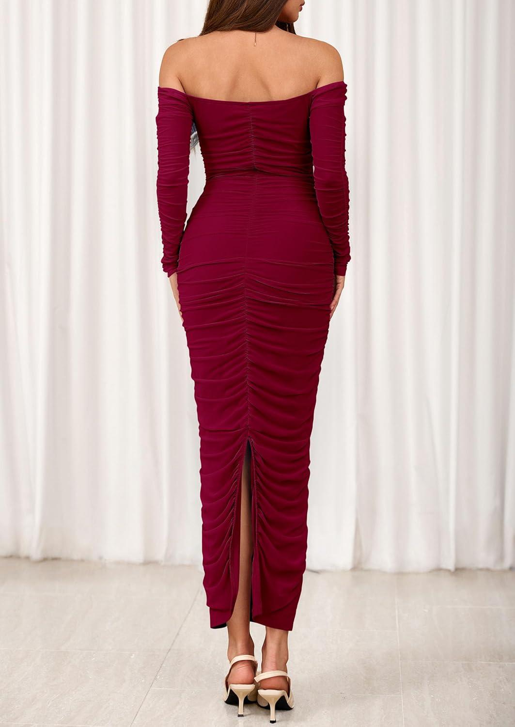 imagePRETTYGARDEN Womens 2026 Fall Long Sleeve Maxi Dress Off Shoulder Mesh Ruched Bodycon Trendy Long Wedding Guest DressesWine Red