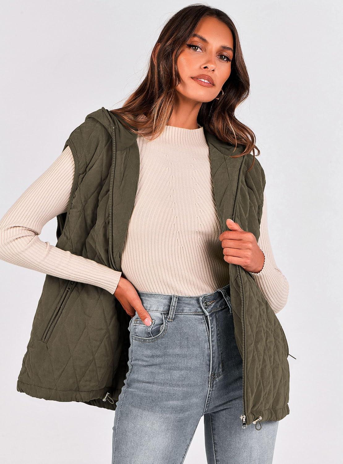imagePRETTYGARDEN Womens 2026 Fall Spring Vest Casual Sleeveless Hooded Zip Up Jacket Trendy Winter Coat OuterwearArmy Green
