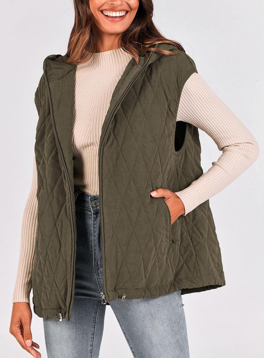 imagePRETTYGARDEN Womens 2026 Fall Spring Vest Casual Sleeveless Hooded Zip Up Jacket Trendy Winter Coat OuterwearArmy Green