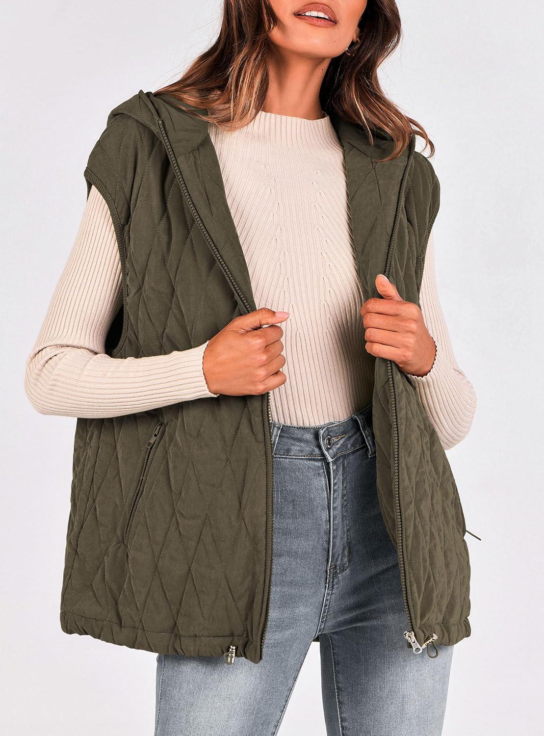 imagePRETTYGARDEN Womens 2026 Fall Spring Vest Casual Sleeveless Hooded Zip Up Jacket Trendy Winter Coat OuterwearArmy Green
