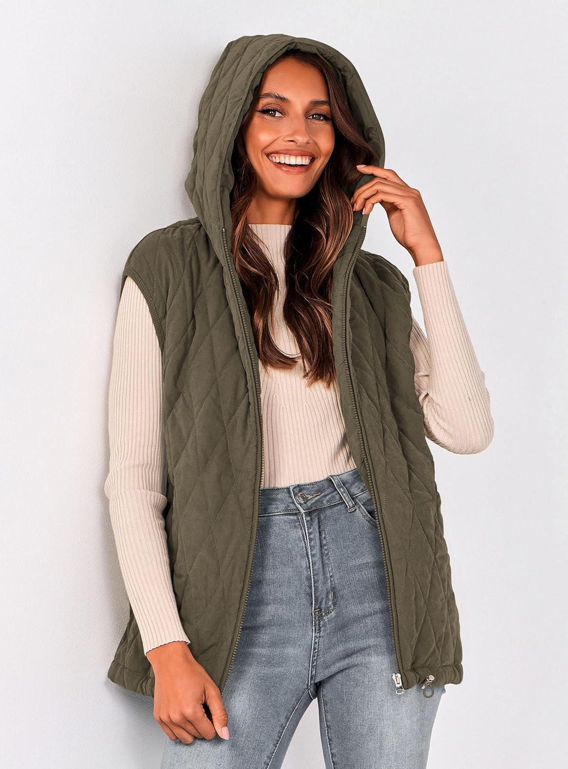 imagePRETTYGARDEN Womens 2026 Fall Spring Vest Casual Sleeveless Hooded Zip Up Jacket Trendy Winter Coat OuterwearArmy Green