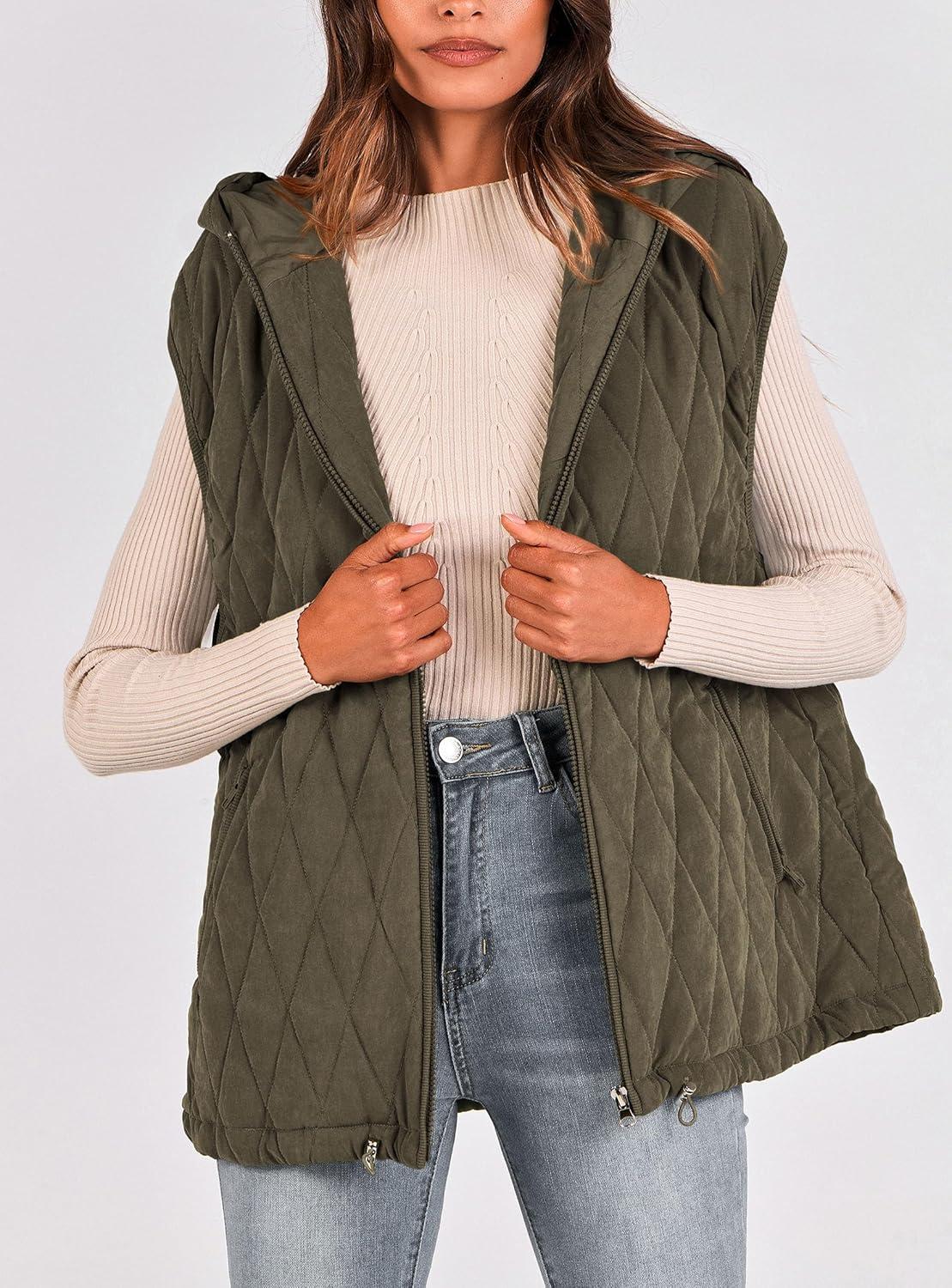imagePRETTYGARDEN Womens 2026 Fall Spring Vest Casual Sleeveless Hooded Zip Up Jacket Trendy Winter Coat OuterwearArmy Green