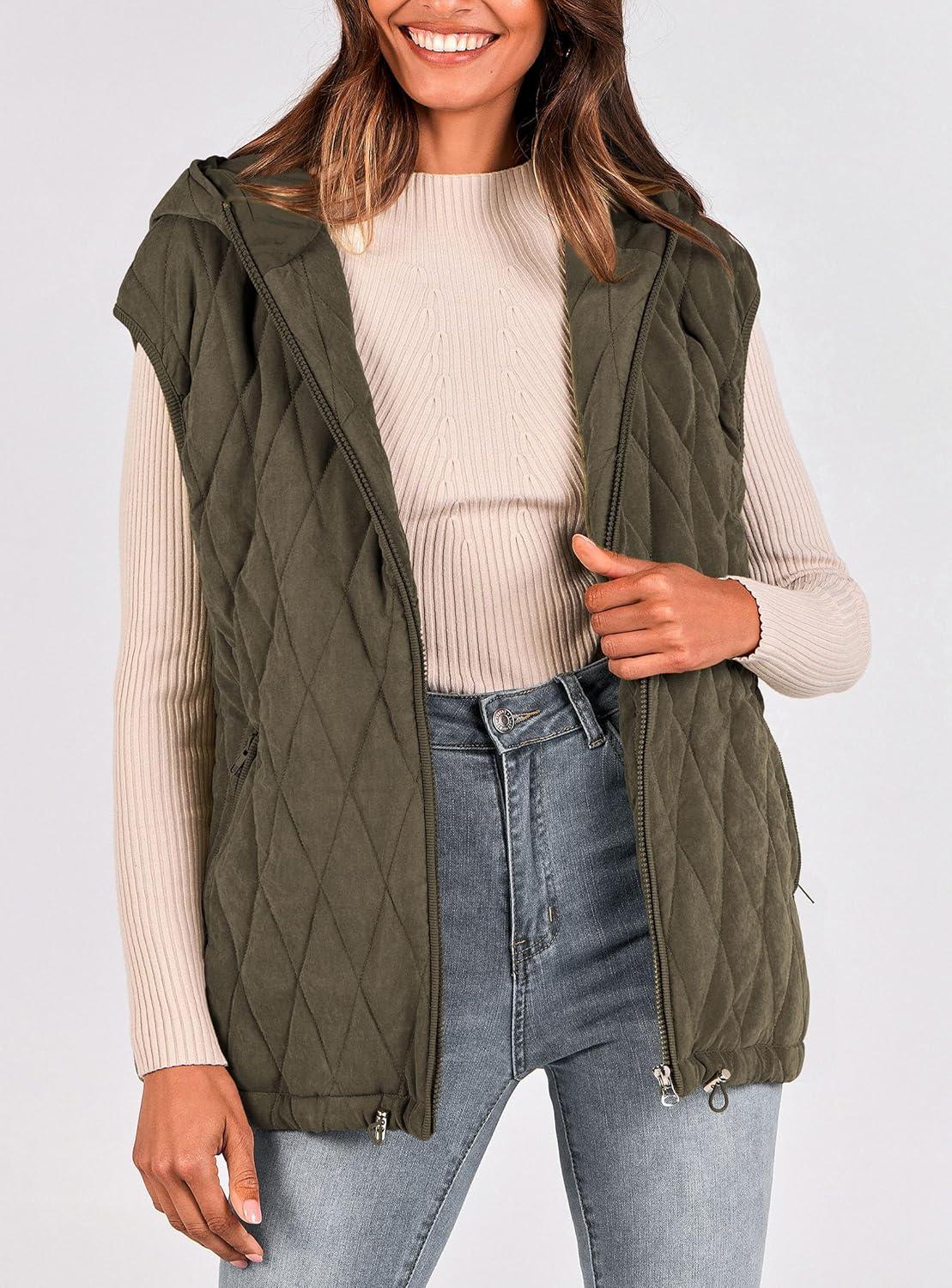 imagePRETTYGARDEN Womens 2026 Fall Spring Vest Casual Sleeveless Hooded Zip Up Jacket Trendy Winter Coat OuterwearArmy Green