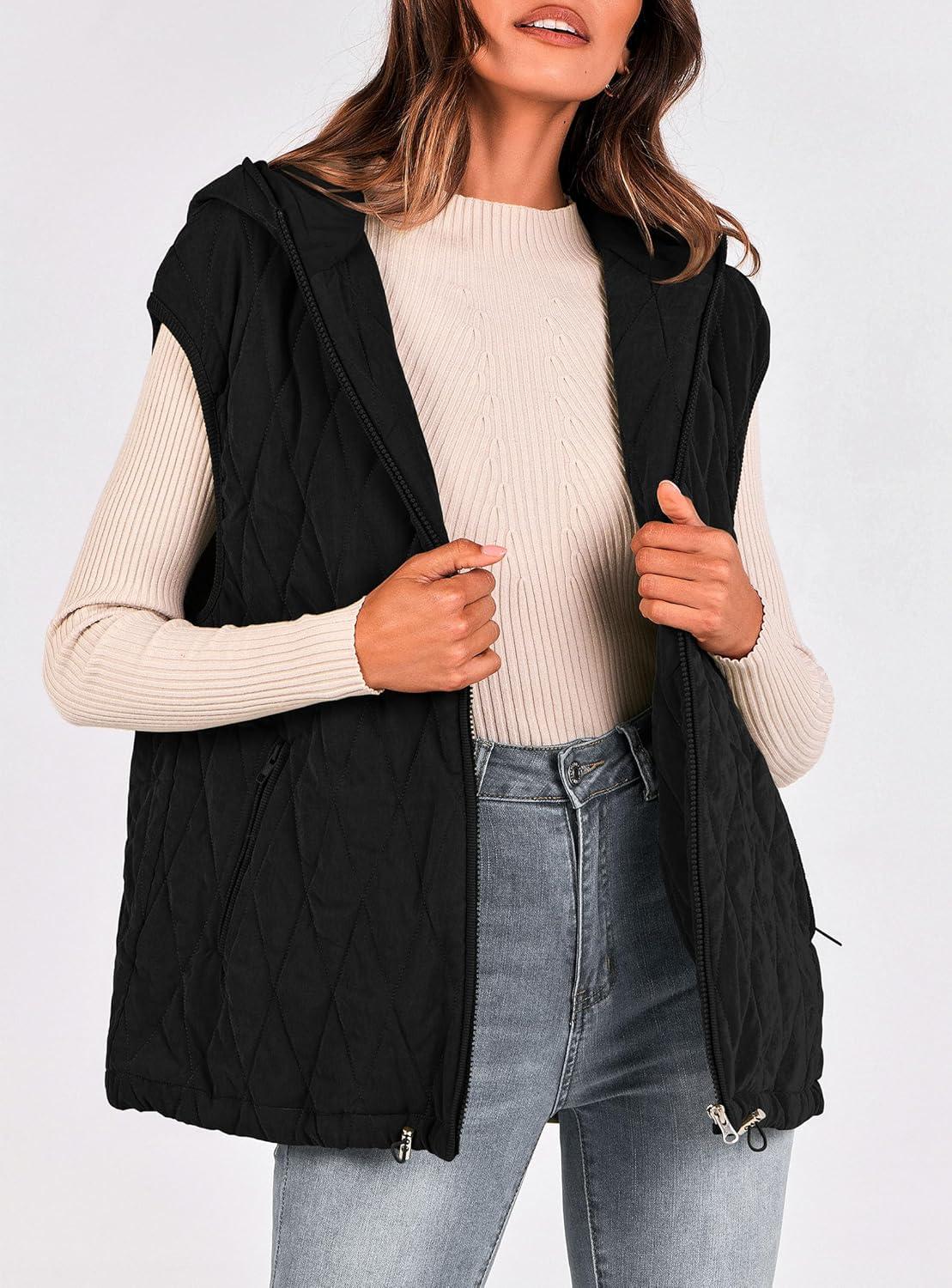 imagePRETTYGARDEN Womens 2026 Fall Spring Vest Casual Sleeveless Hooded Zip Up Jacket Trendy Winter Coat OuterwearBlack