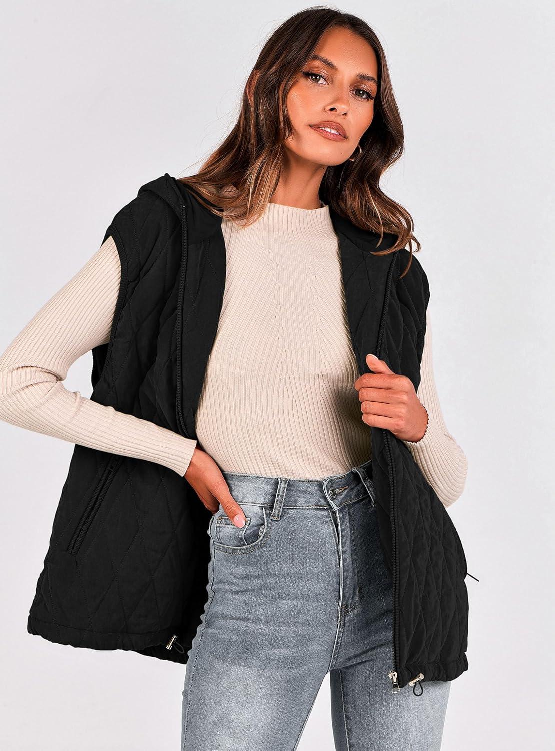 imagePRETTYGARDEN Womens 2026 Fall Spring Vest Casual Sleeveless Hooded Zip Up Jacket Trendy Winter Coat OuterwearBlack