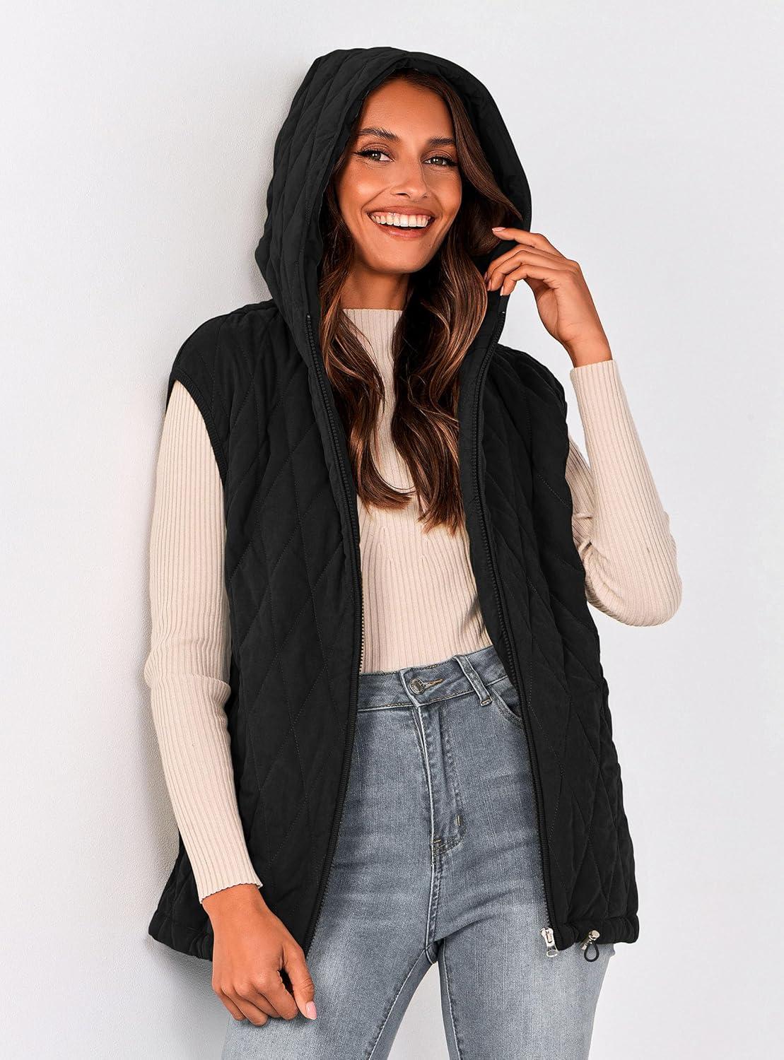 imagePRETTYGARDEN Womens 2026 Fall Spring Vest Casual Sleeveless Hooded Zip Up Jacket Trendy Winter Coat OuterwearBlack