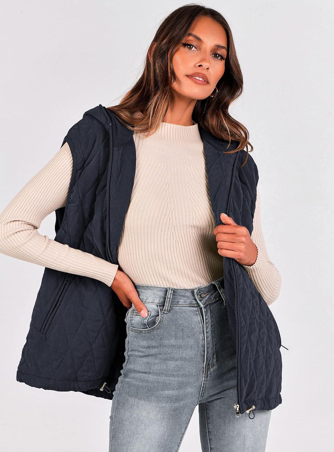 imagePRETTYGARDEN Womens 2026 Fall Spring Vest Casual Sleeveless Hooded Zip Up Jacket Trendy Winter Coat OuterwearNavy