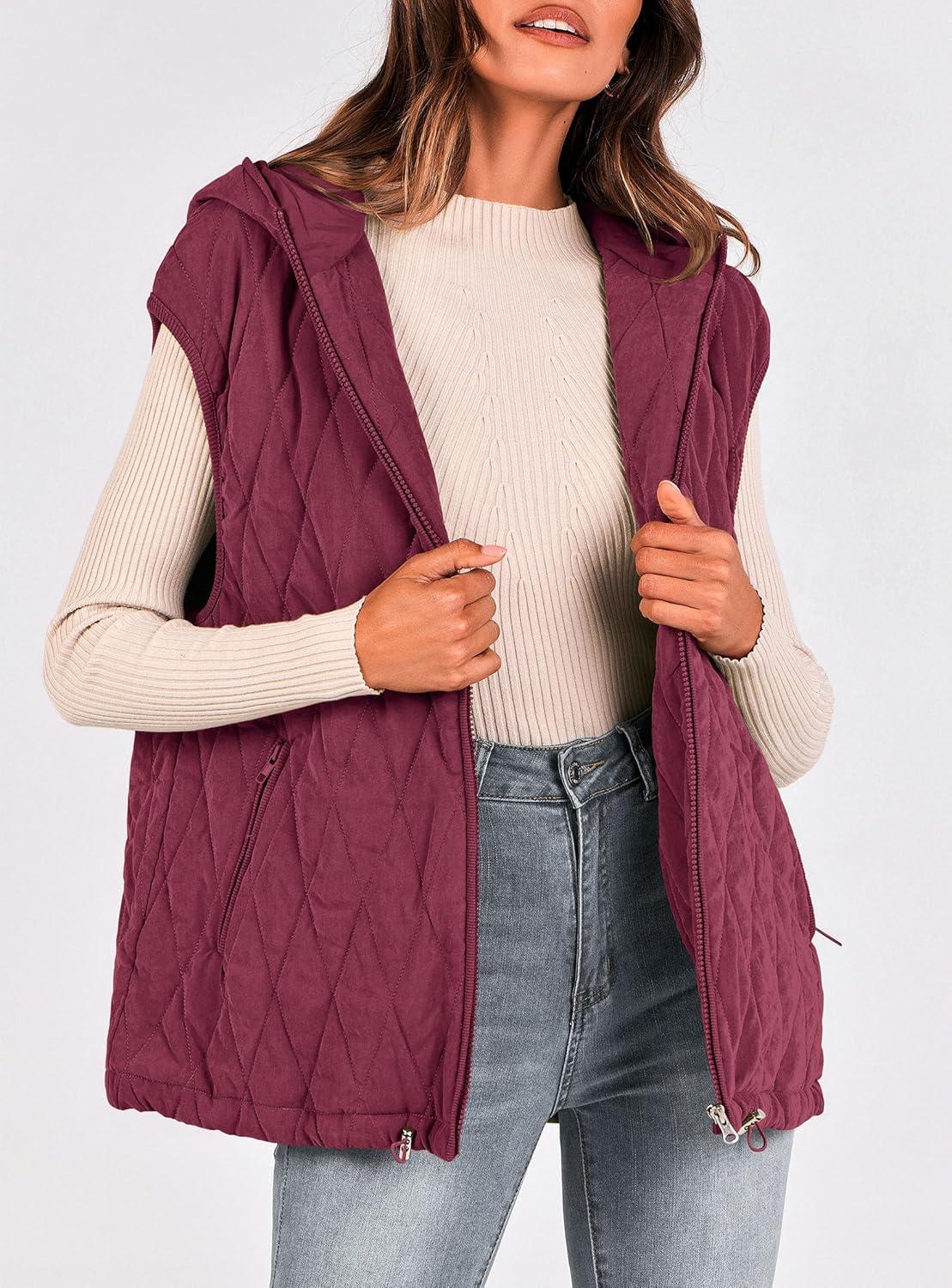 imagePRETTYGARDEN Womens 2026 Fall Spring Vest Casual Sleeveless Hooded Zip Up Jacket Trendy Winter Coat OuterwearWine Red