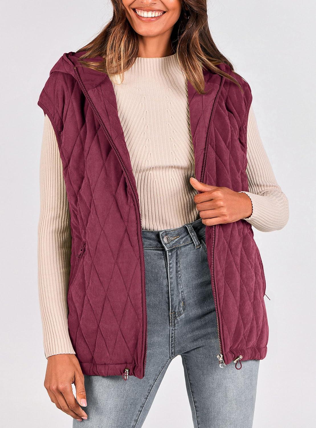 imagePRETTYGARDEN Womens 2026 Fall Spring Vest Casual Sleeveless Hooded Zip Up Jacket Trendy Winter Coat OuterwearWine Red