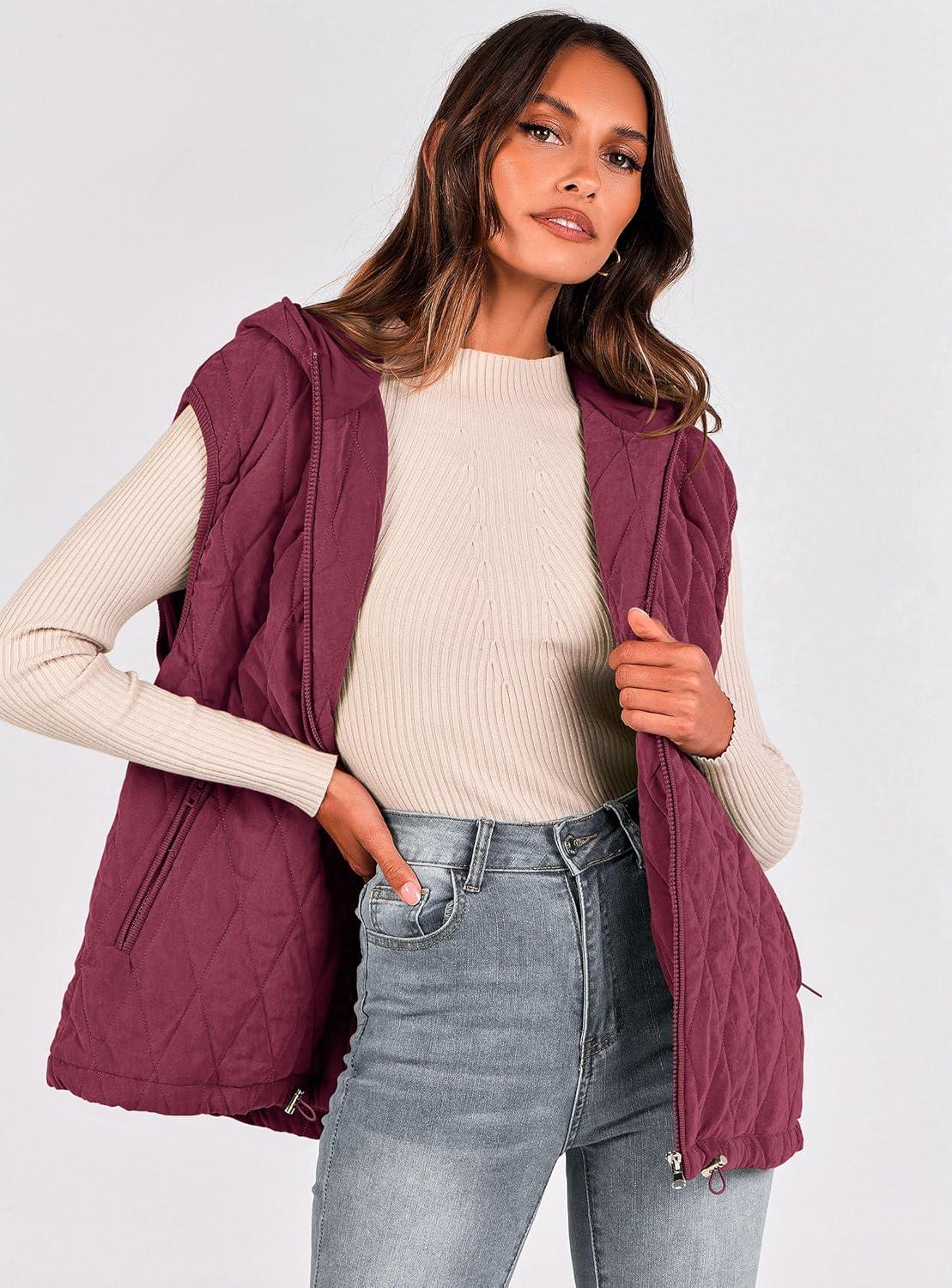 imagePRETTYGARDEN Womens 2026 Fall Spring Vest Casual Sleeveless Hooded Zip Up Jacket Trendy Winter Coat OuterwearWine Red
