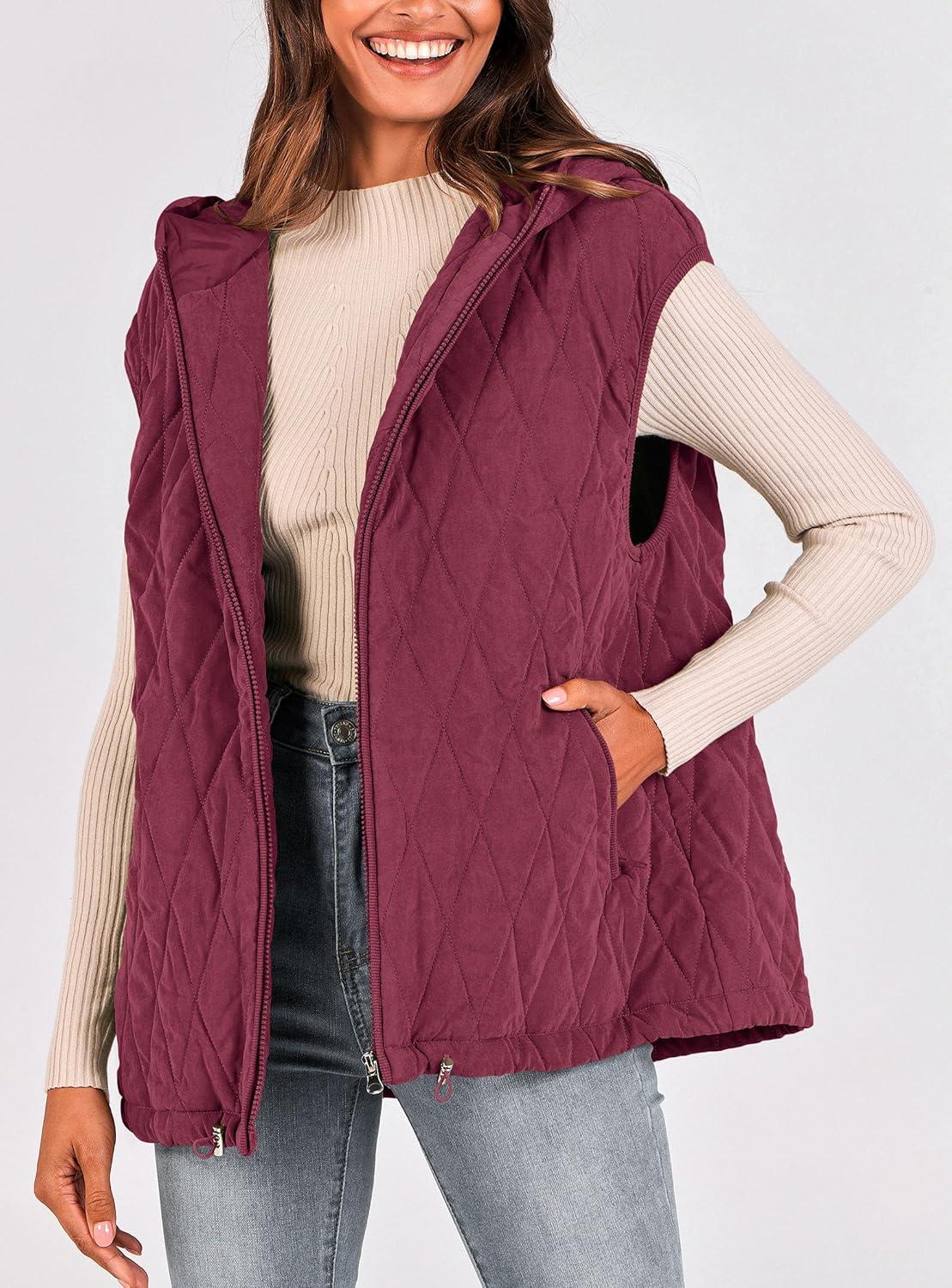 imagePRETTYGARDEN Womens 2026 Fall Spring Vest Casual Sleeveless Hooded Zip Up Jacket Trendy Winter Coat OuterwearWine Red