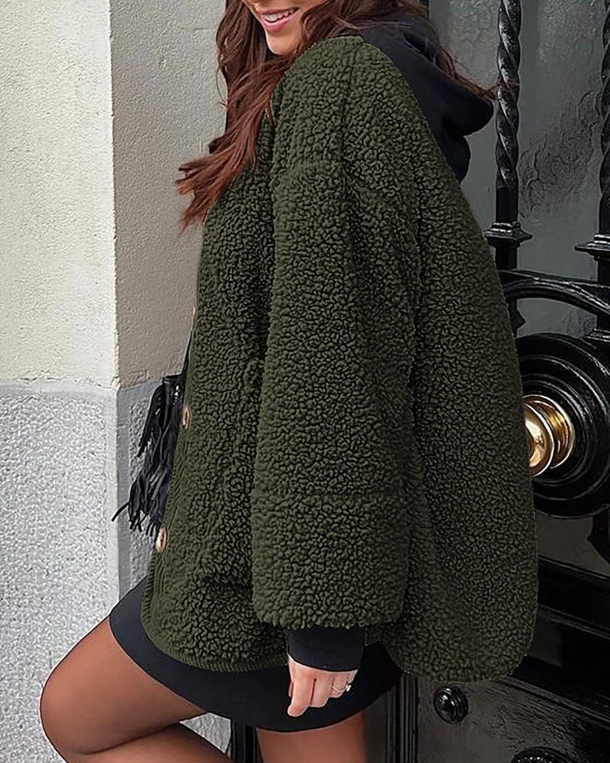 imagePRETTYGARDEN Womens 2026 Winter Coats Long Sleeve Button up Fuzzy Sherpa Fleece Jackets Outerwear Fall Fashion ClothesArmy Green