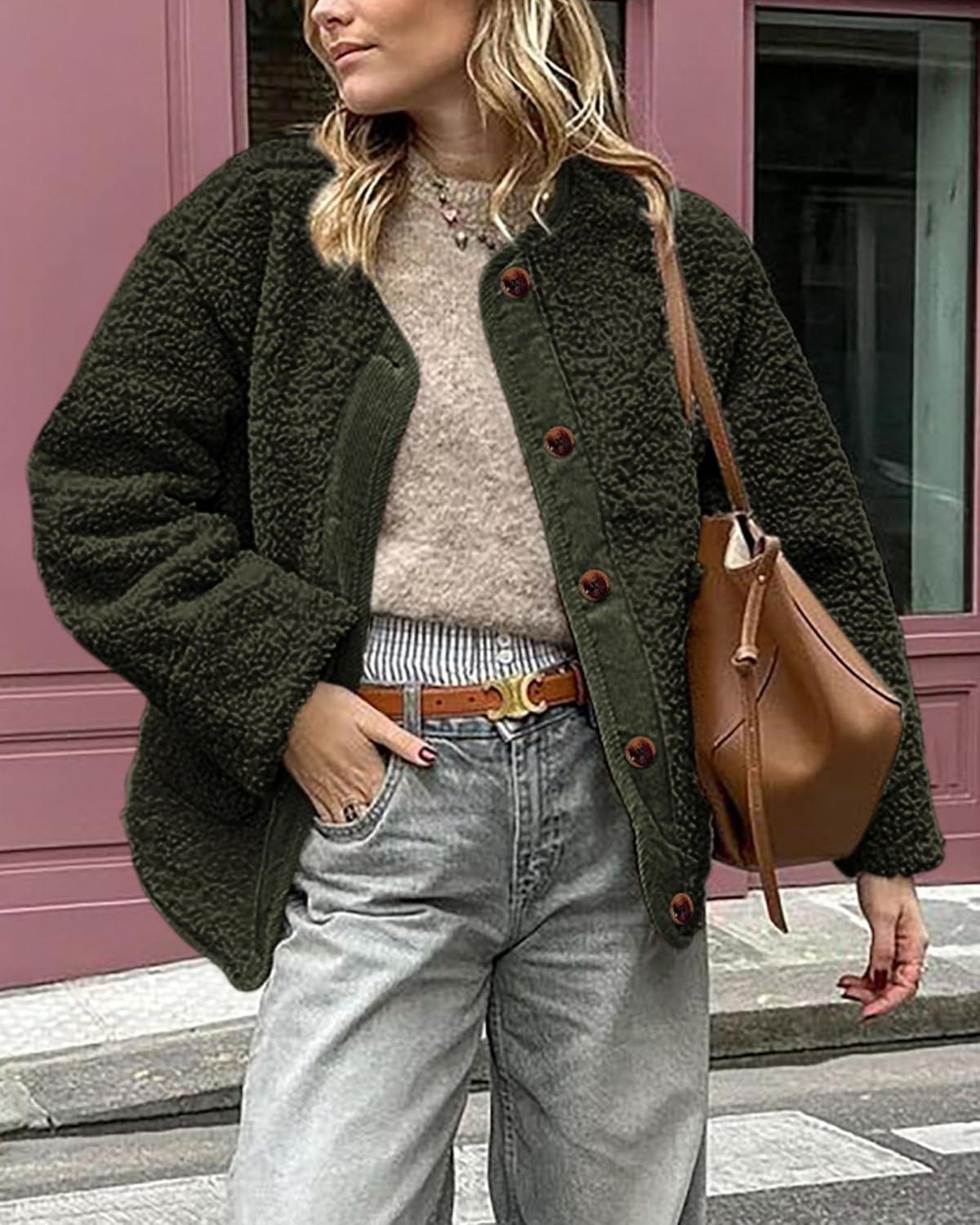 imagePRETTYGARDEN Womens 2026 Winter Coats Long Sleeve Button up Fuzzy Sherpa Fleece Jackets Outerwear Fall Fashion ClothesArmy Green