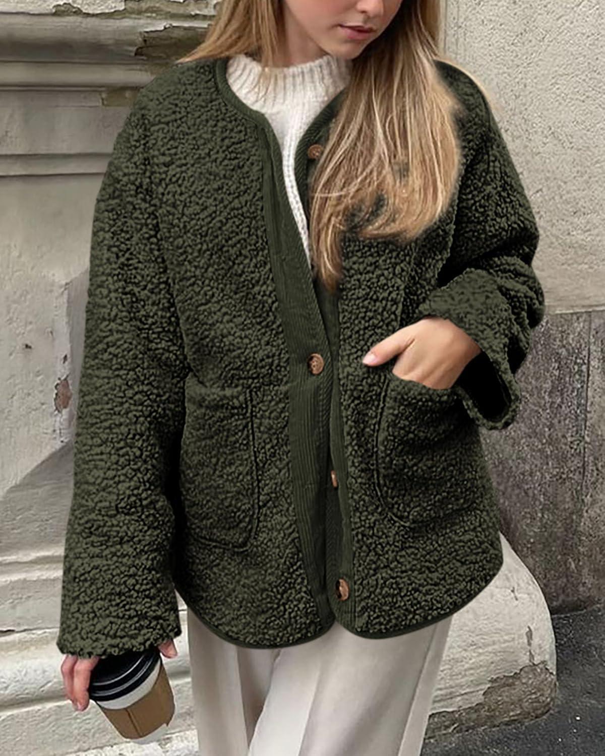 imagePRETTYGARDEN Womens 2026 Winter Coats Long Sleeve Button up Fuzzy Sherpa Fleece Jackets Outerwear Fall Fashion ClothesArmy Green