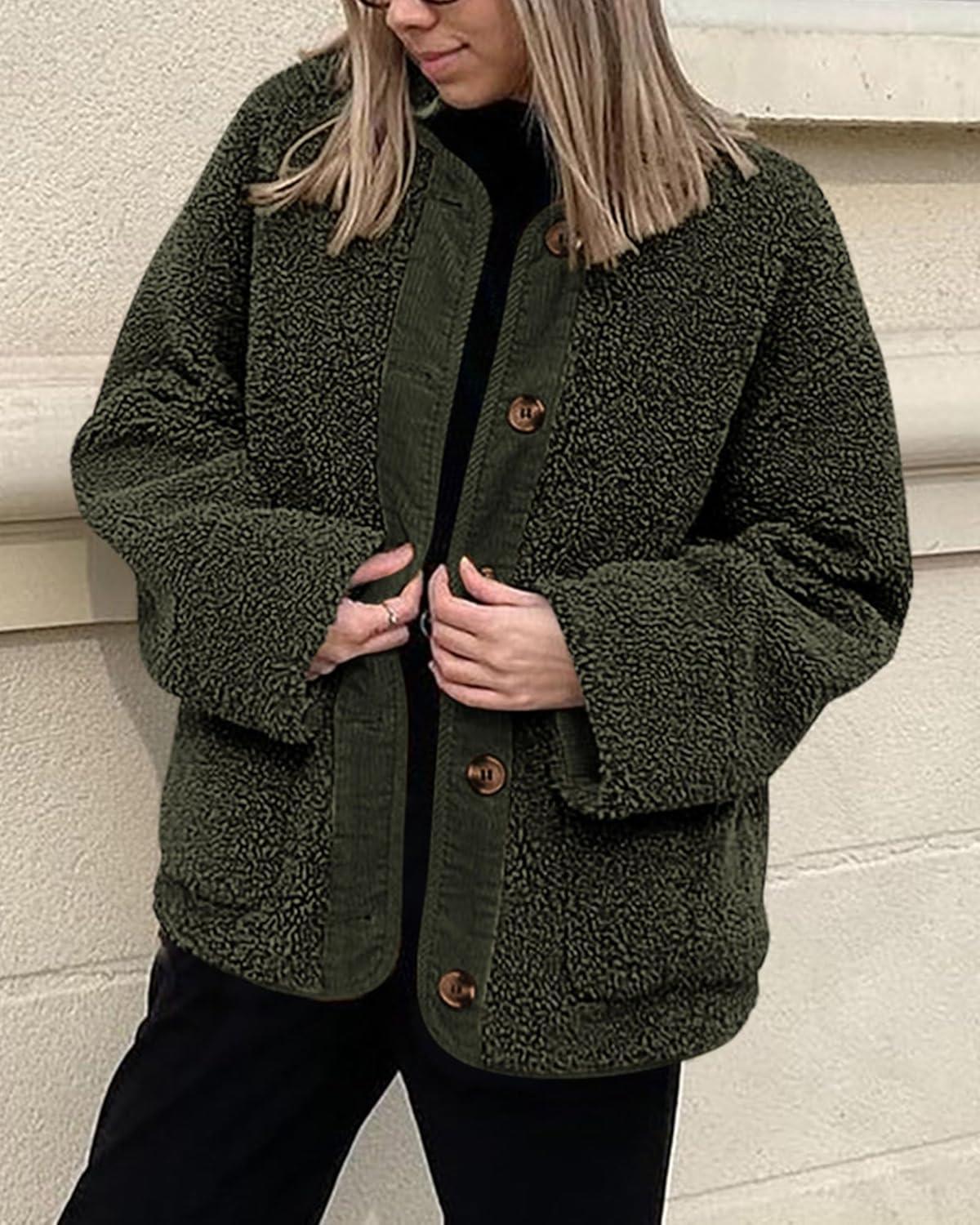 imagePRETTYGARDEN Womens 2026 Winter Coats Long Sleeve Button up Fuzzy Sherpa Fleece Jackets Outerwear Fall Fashion ClothesArmy Green