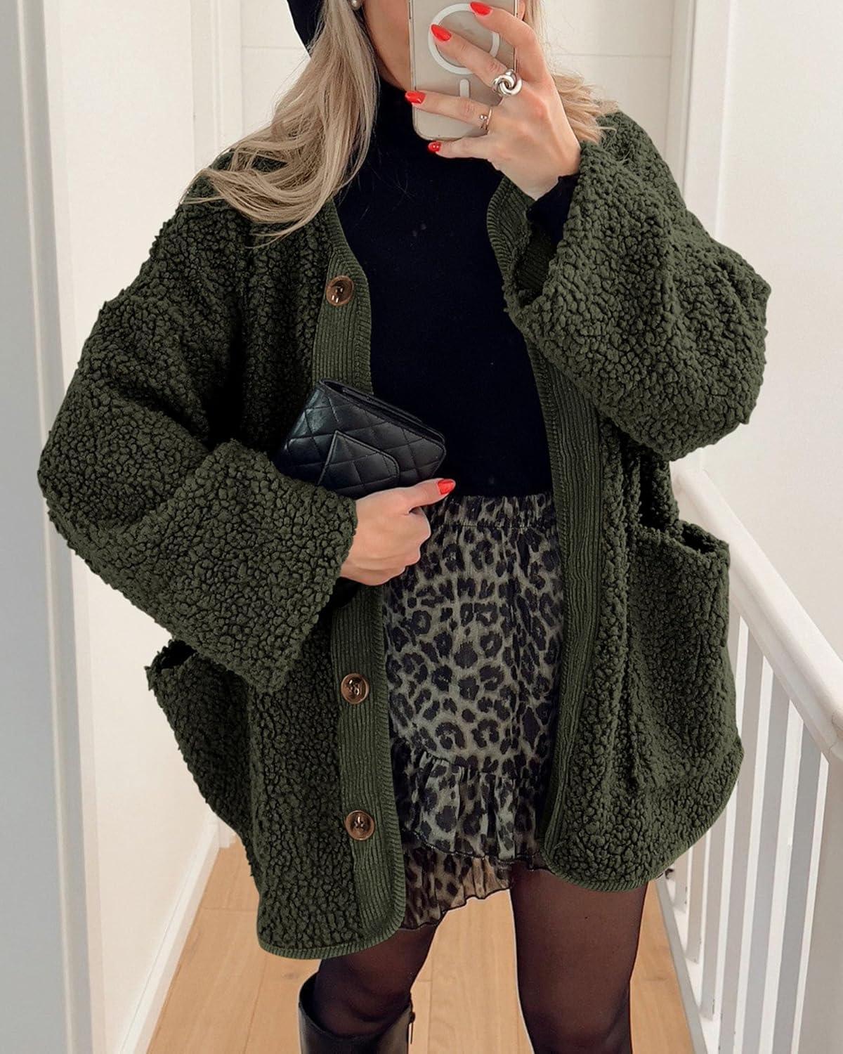 imagePRETTYGARDEN Womens 2026 Winter Coats Long Sleeve Button up Fuzzy Sherpa Fleece Jackets Outerwear Fall Fashion ClothesArmy Green