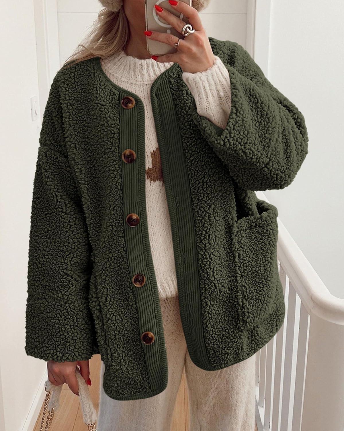 imagePRETTYGARDEN Womens 2026 Winter Coats Long Sleeve Button up Fuzzy Sherpa Fleece Jackets Outerwear Fall Fashion ClothesArmy Green