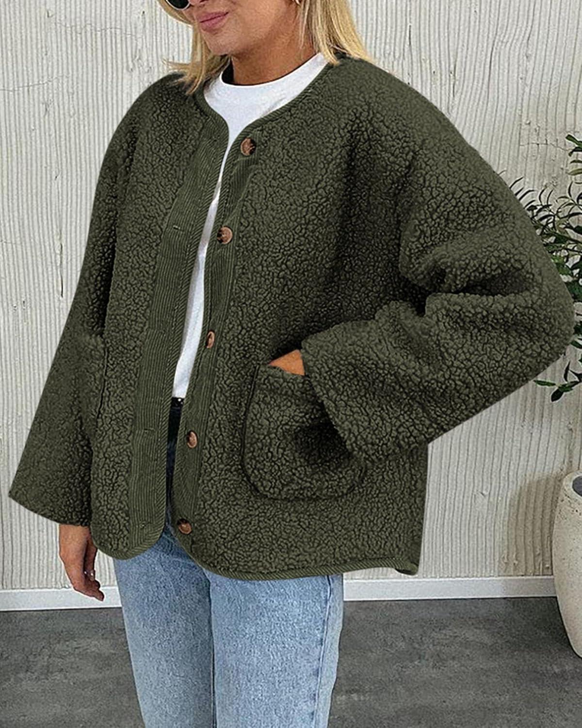 imagePRETTYGARDEN Womens 2026 Winter Coats Long Sleeve Button up Fuzzy Sherpa Fleece Jackets Outerwear Fall Fashion ClothesArmy Green