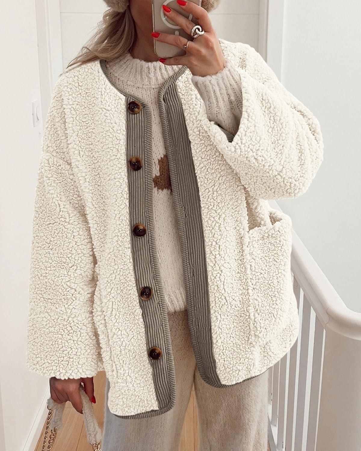 imagePRETTYGARDEN Womens 2026 Winter Coats Long Sleeve Button up Fuzzy Sherpa Fleece Jackets Outerwear Fall Fashion ClothesBeige