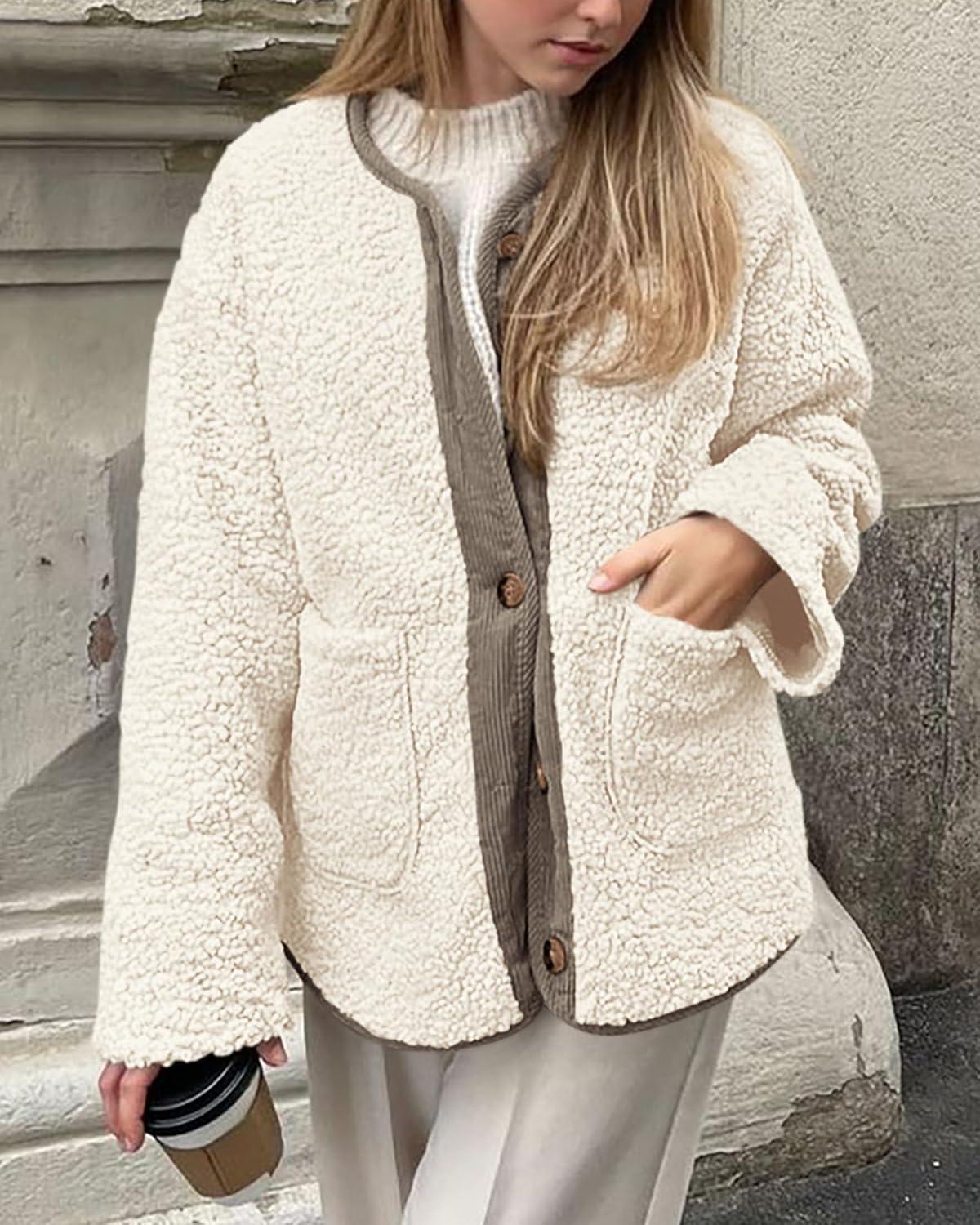 imagePRETTYGARDEN Womens 2026 Winter Coats Long Sleeve Button up Fuzzy Sherpa Fleece Jackets Outerwear Fall Fashion ClothesBeige