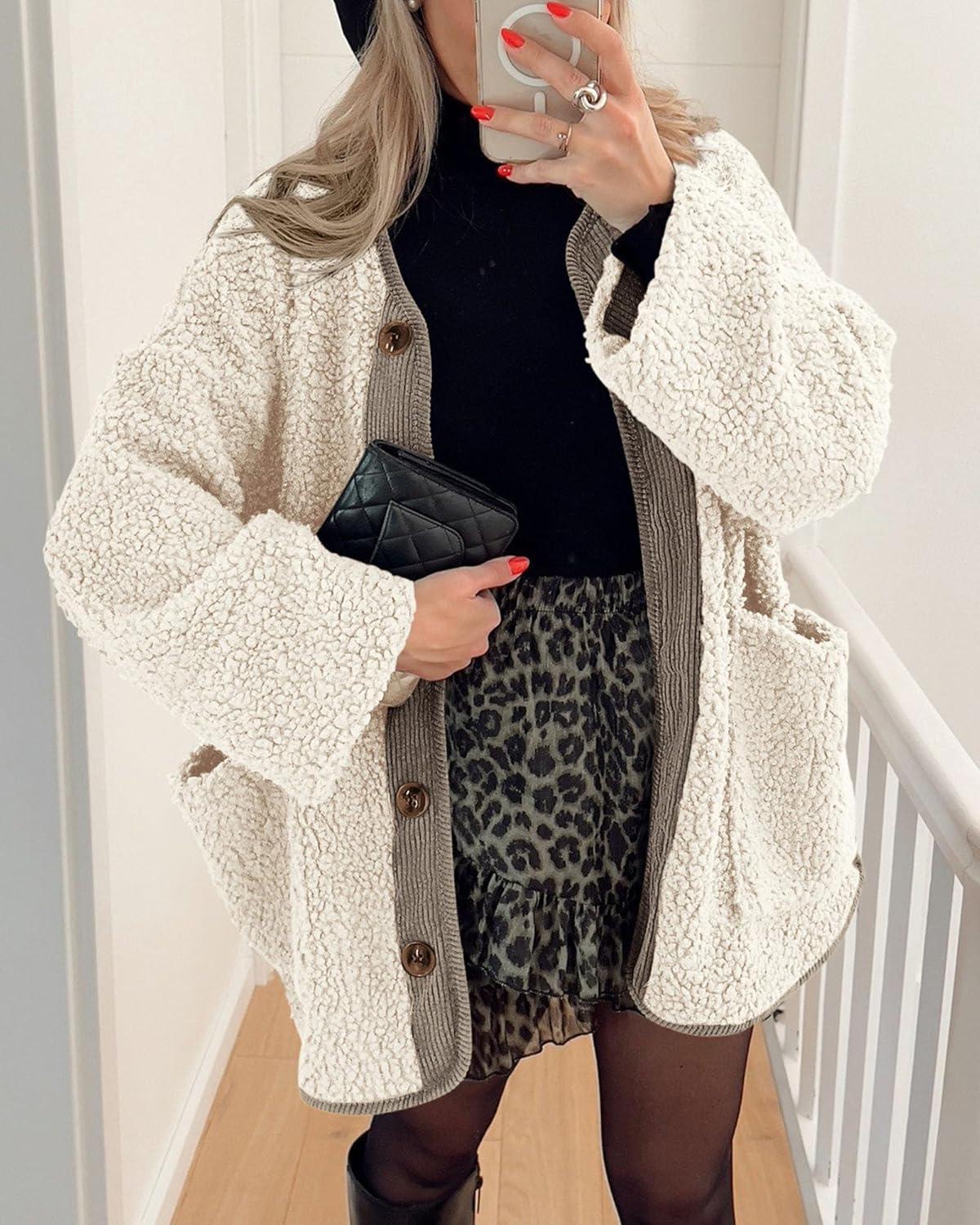 imagePRETTYGARDEN Womens 2026 Winter Coats Long Sleeve Button up Fuzzy Sherpa Fleece Jackets Outerwear Fall Fashion ClothesBeige