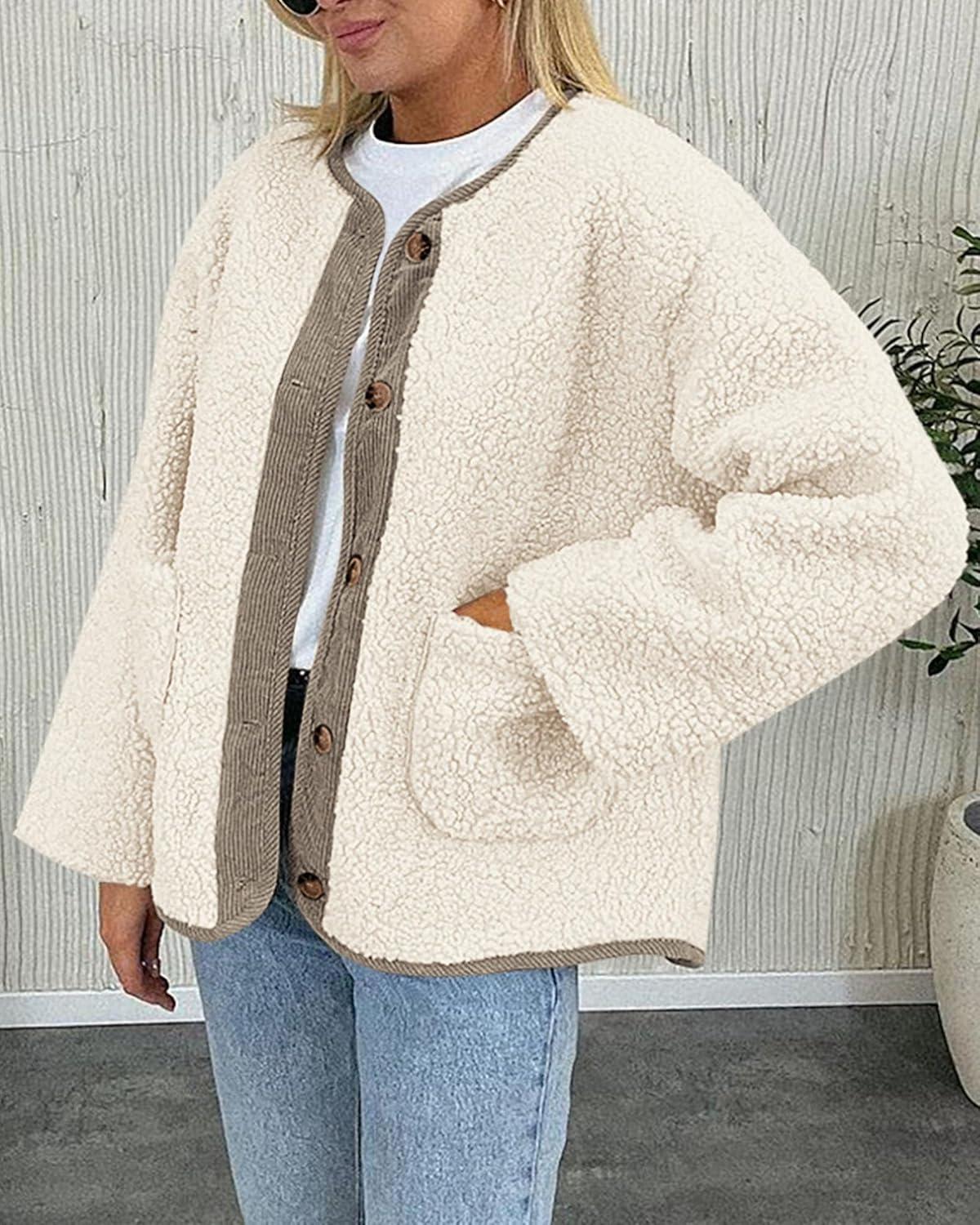 imagePRETTYGARDEN Womens 2026 Winter Coats Long Sleeve Button up Fuzzy Sherpa Fleece Jackets Outerwear Fall Fashion ClothesBeige