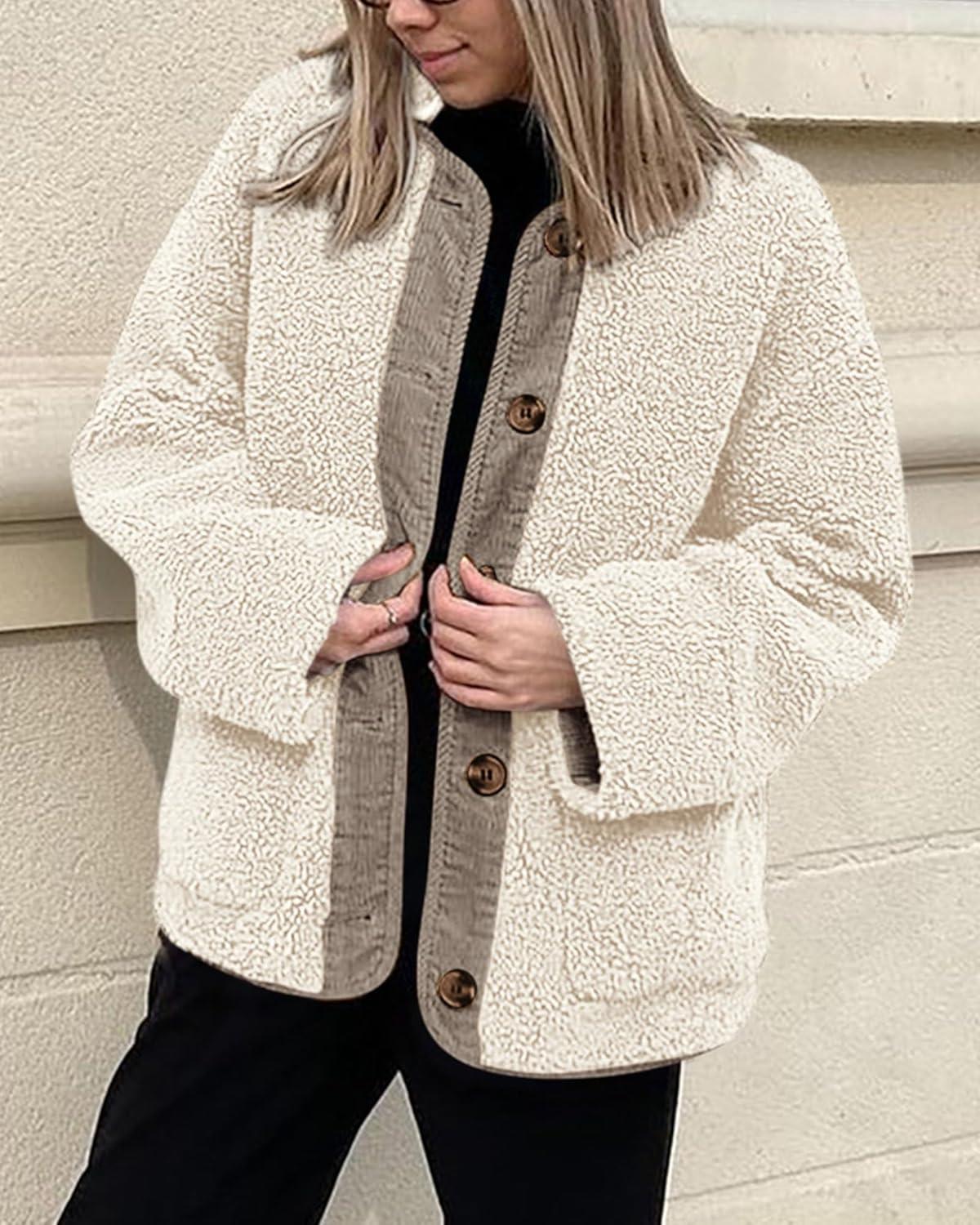 imagePRETTYGARDEN Womens 2026 Winter Coats Long Sleeve Button up Fuzzy Sherpa Fleece Jackets Outerwear Fall Fashion ClothesBeige