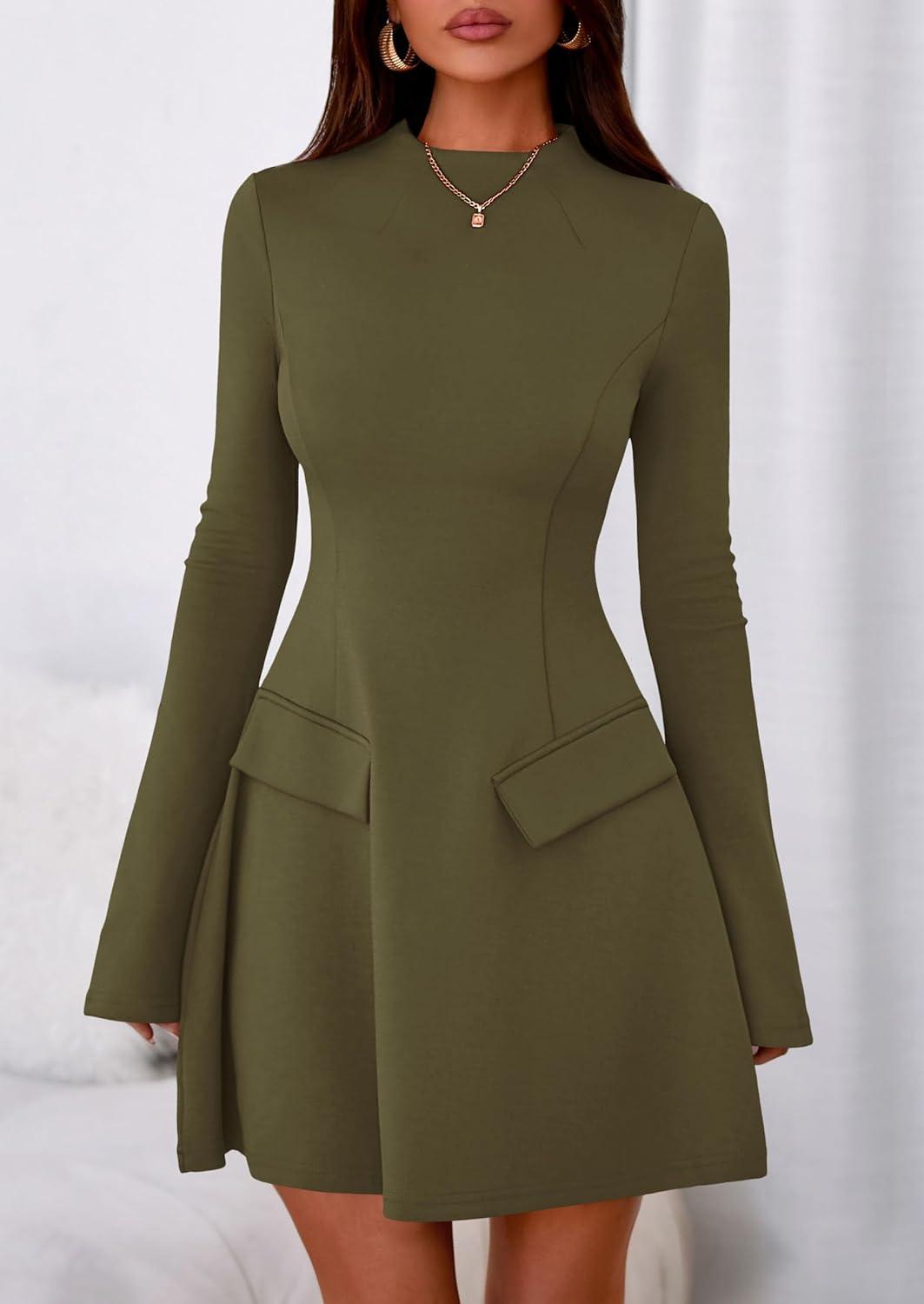 imagePRETTYGARDEN Womens Elegant Holiday Short Dress 2026 Fall Bell Long Sleeve Mock Neck Work Business Casual Party Mini DressArmy Green