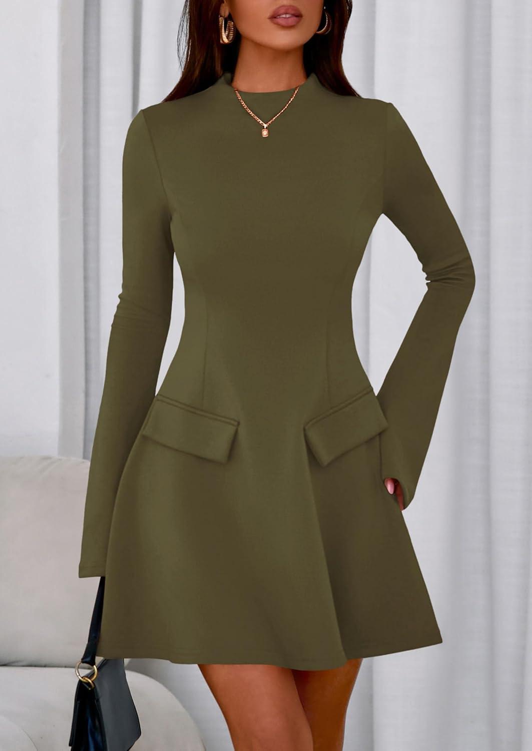 imagePRETTYGARDEN Womens Elegant Holiday Short Dress 2026 Fall Bell Long Sleeve Mock Neck Work Business Casual Party Mini DressArmy Green