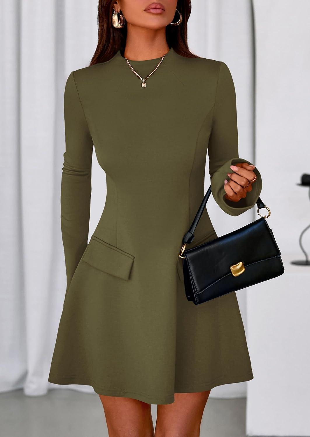 imagePRETTYGARDEN Womens Elegant Holiday Short Dress 2026 Fall Bell Long Sleeve Mock Neck Work Business Casual Party Mini DressArmy Green