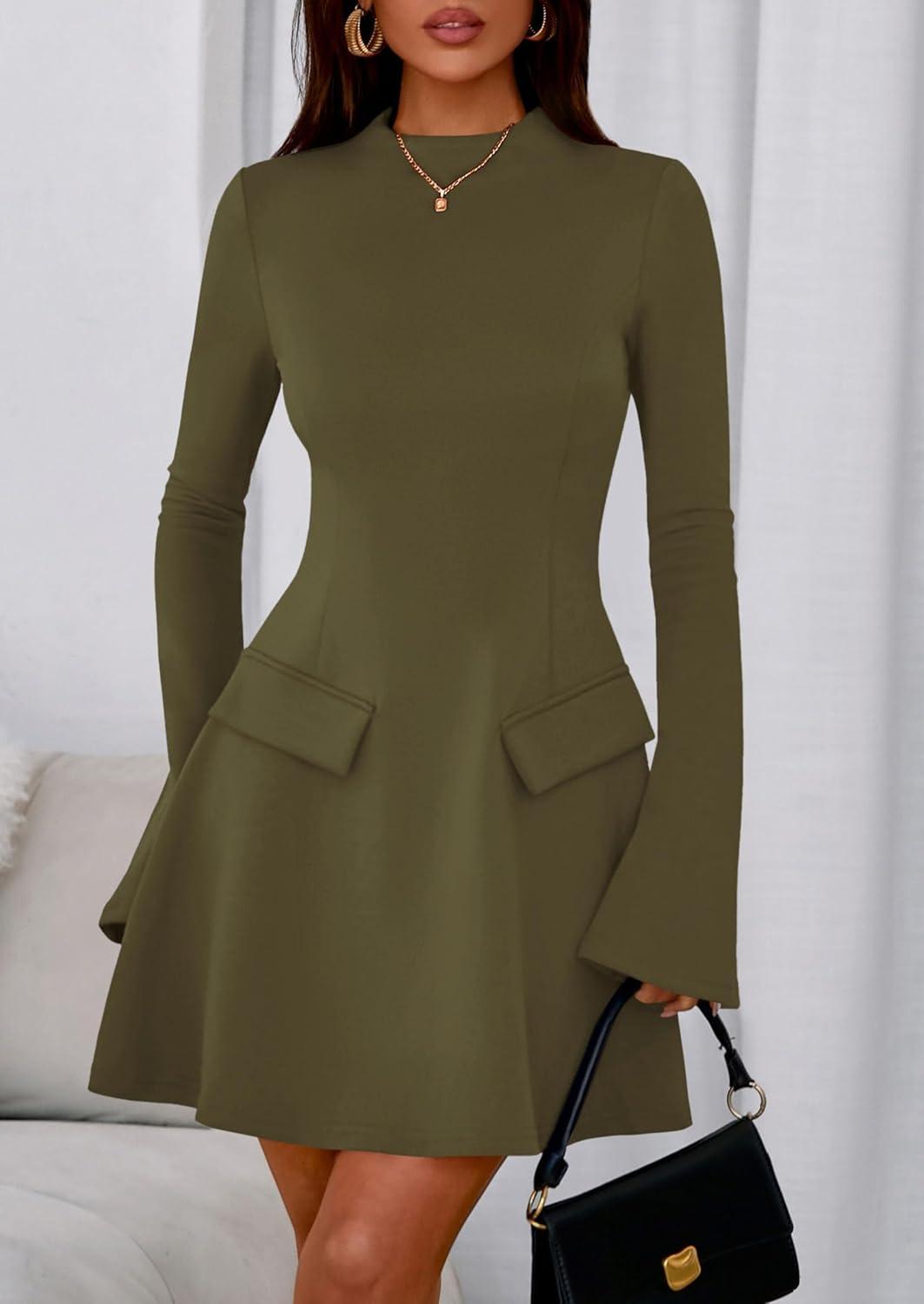 imagePRETTYGARDEN Womens Elegant Holiday Short Dress 2026 Fall Bell Long Sleeve Mock Neck Work Business Casual Party Mini DressArmy Green