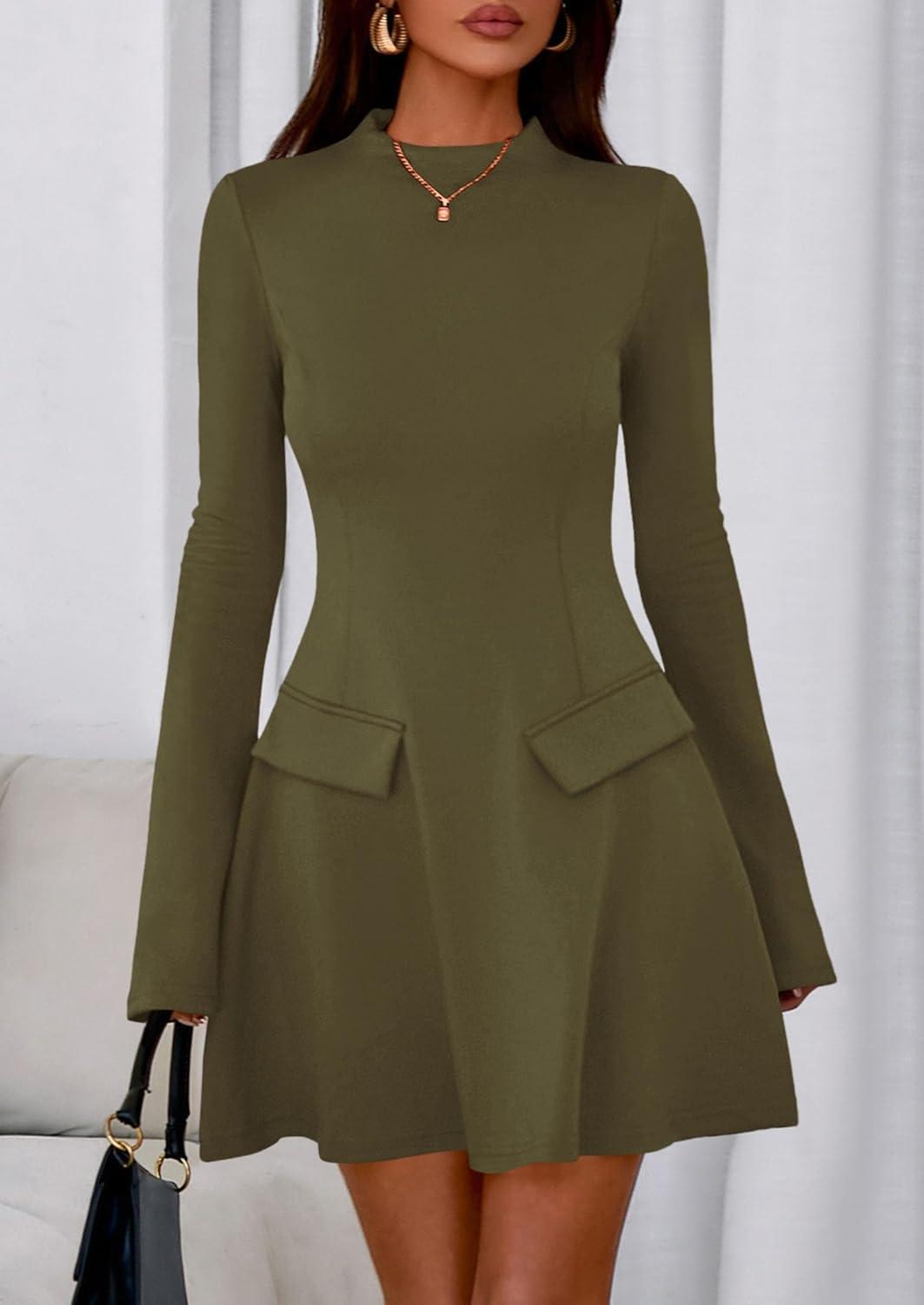 imagePRETTYGARDEN Womens Elegant Holiday Short Dress 2026 Fall Bell Long Sleeve Mock Neck Work Business Casual Party Mini DressArmy Green