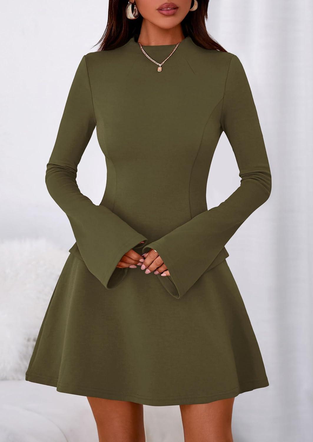 imagePRETTYGARDEN Womens Elegant Holiday Short Dress 2026 Fall Bell Long Sleeve Mock Neck Work Business Casual Party Mini DressArmy Green