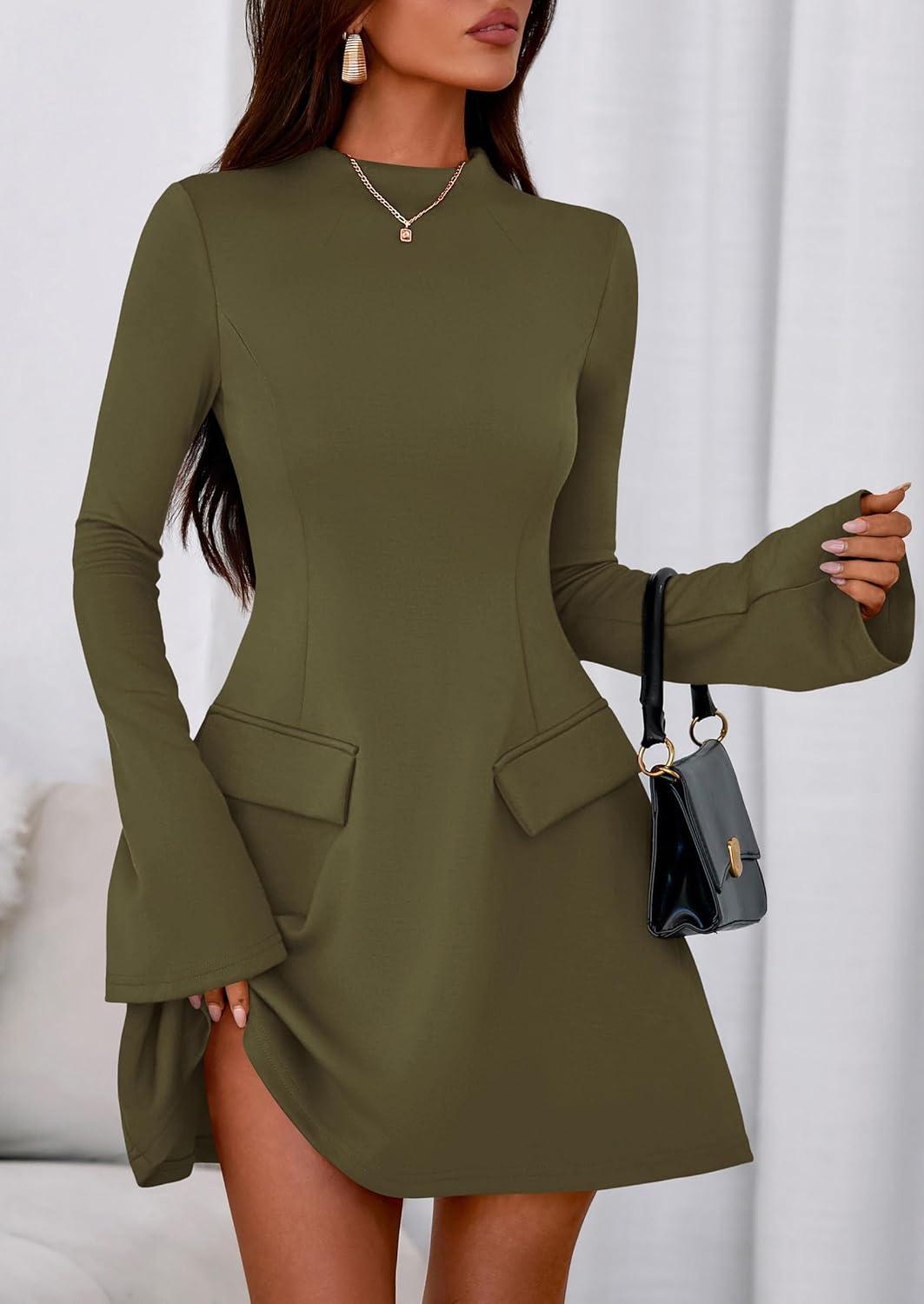 imagePRETTYGARDEN Womens Elegant Holiday Short Dress 2026 Fall Bell Long Sleeve Mock Neck Work Business Casual Party Mini DressArmy Green