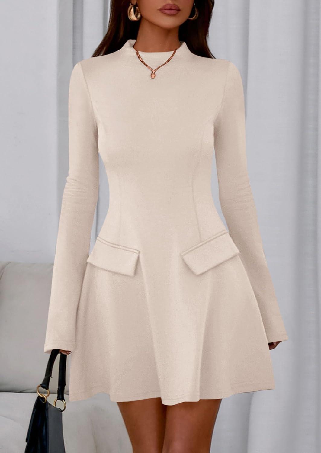 imagePRETTYGARDEN Womens Elegant Holiday Short Dress 2026 Fall Bell Long Sleeve Mock Neck Work Business Casual Party Mini DressBeige Apricot