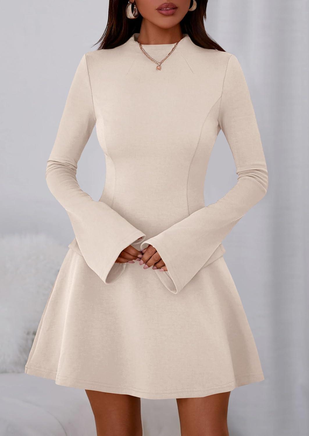 imagePRETTYGARDEN Womens Elegant Holiday Short Dress 2026 Fall Bell Long Sleeve Mock Neck Work Business Casual Party Mini DressBeige Apricot