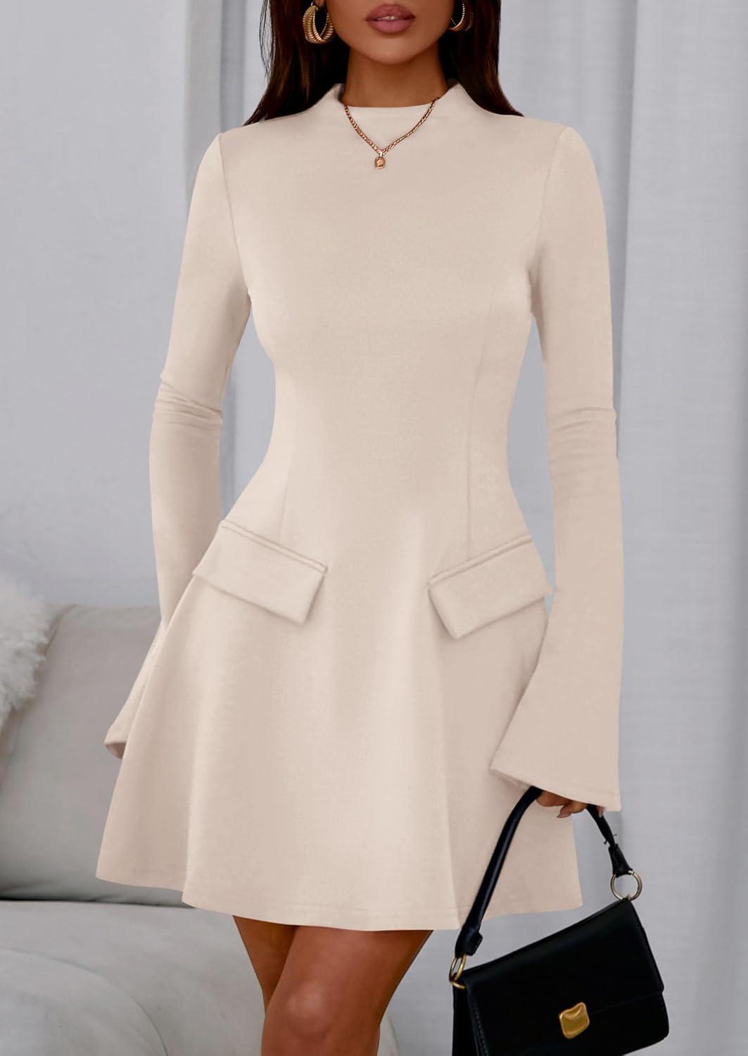 imagePRETTYGARDEN Womens Elegant Holiday Short Dress 2026 Fall Bell Long Sleeve Mock Neck Work Business Casual Party Mini DressBeige Apricot