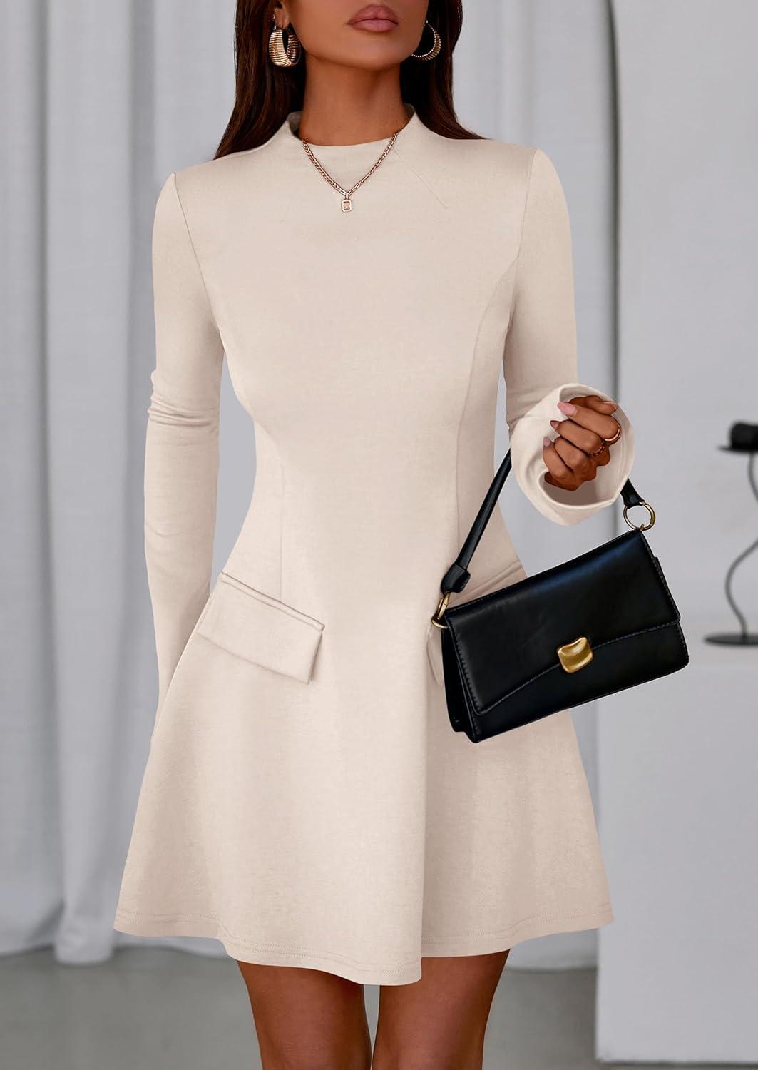 imagePRETTYGARDEN Womens Elegant Holiday Short Dress 2026 Fall Bell Long Sleeve Mock Neck Work Business Casual Party Mini DressBeige Apricot
