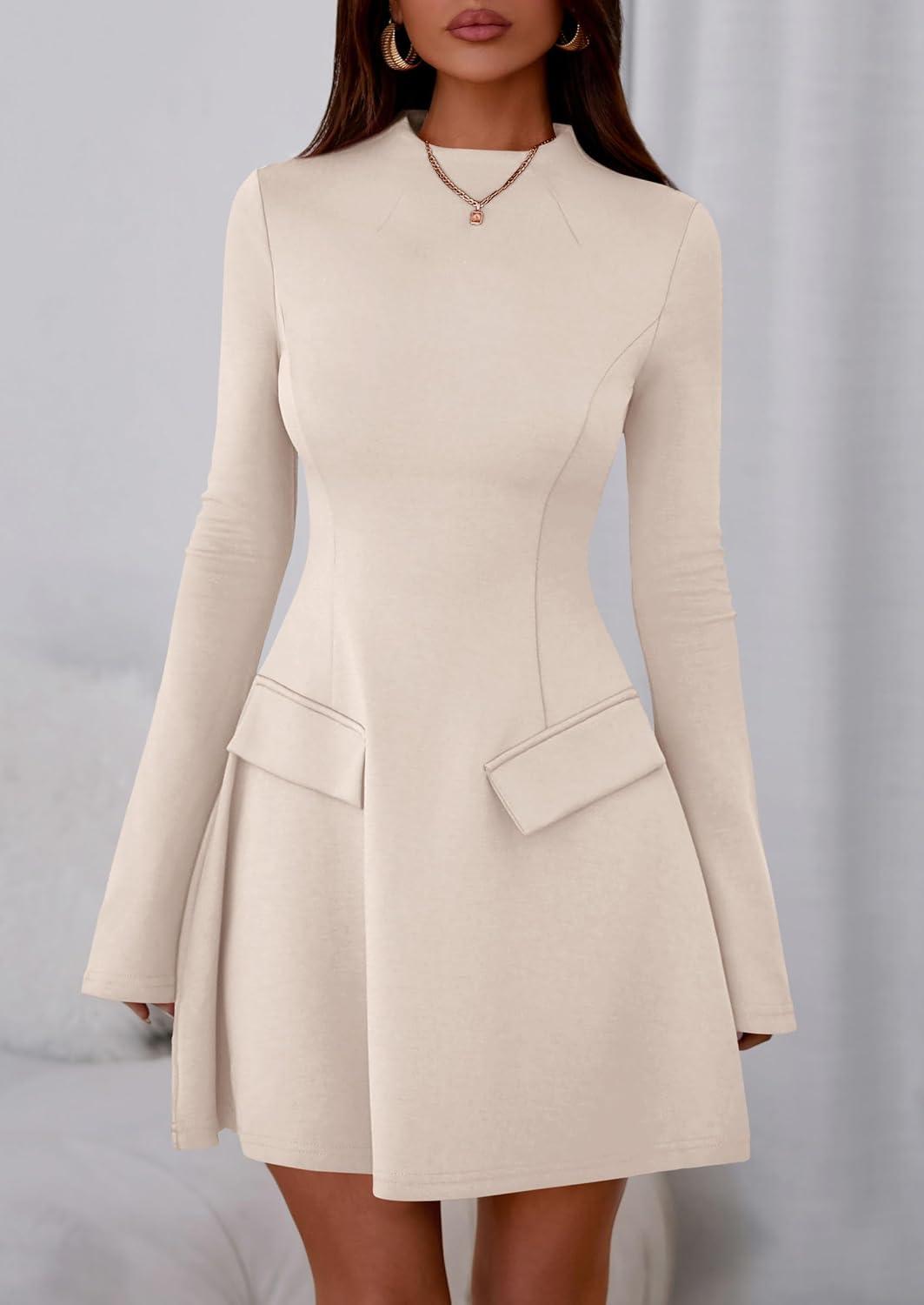 imagePRETTYGARDEN Womens Elegant Holiday Short Dress 2026 Fall Bell Long Sleeve Mock Neck Work Business Casual Party Mini DressBeige Apricot