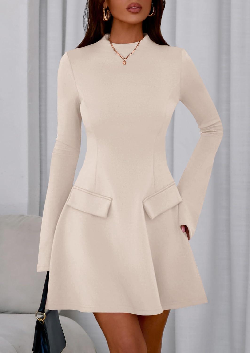 imagePRETTYGARDEN Womens Elegant Holiday Short Dress 2026 Fall Bell Long Sleeve Mock Neck Work Business Casual Party Mini DressBeige Apricot