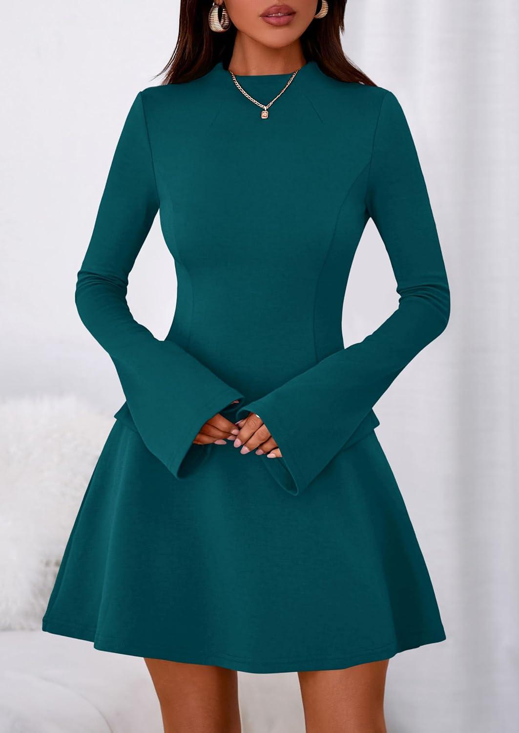 imagePRETTYGARDEN Womens Elegant Holiday Short Dress 2026 Fall Bell Long Sleeve Mock Neck Work Business Casual Party Mini DressBlue Green