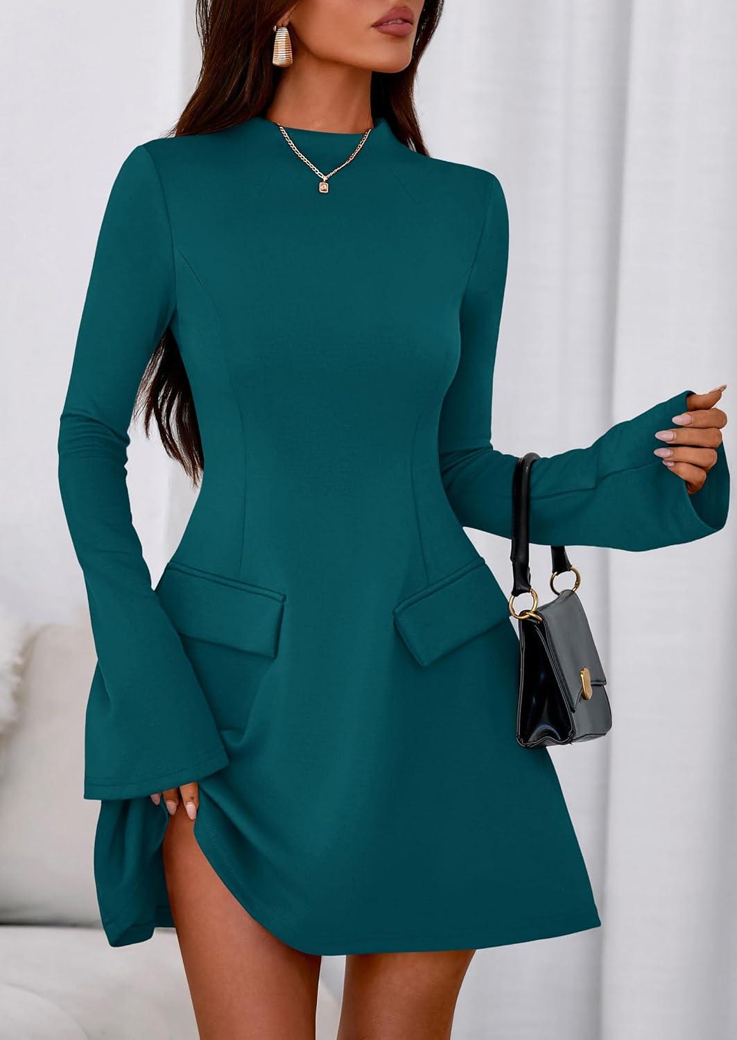 imagePRETTYGARDEN Womens Elegant Holiday Short Dress 2026 Fall Bell Long Sleeve Mock Neck Work Business Casual Party Mini DressBlue Green