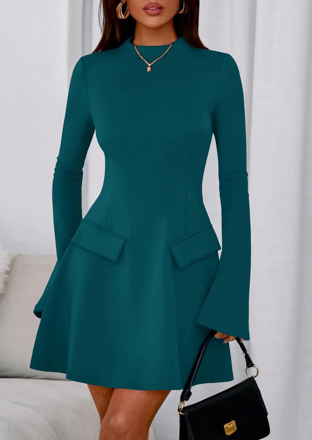 imagePRETTYGARDEN Womens Elegant Holiday Short Dress 2026 Fall Bell Long Sleeve Mock Neck Work Business Casual Party Mini DressBlue Green