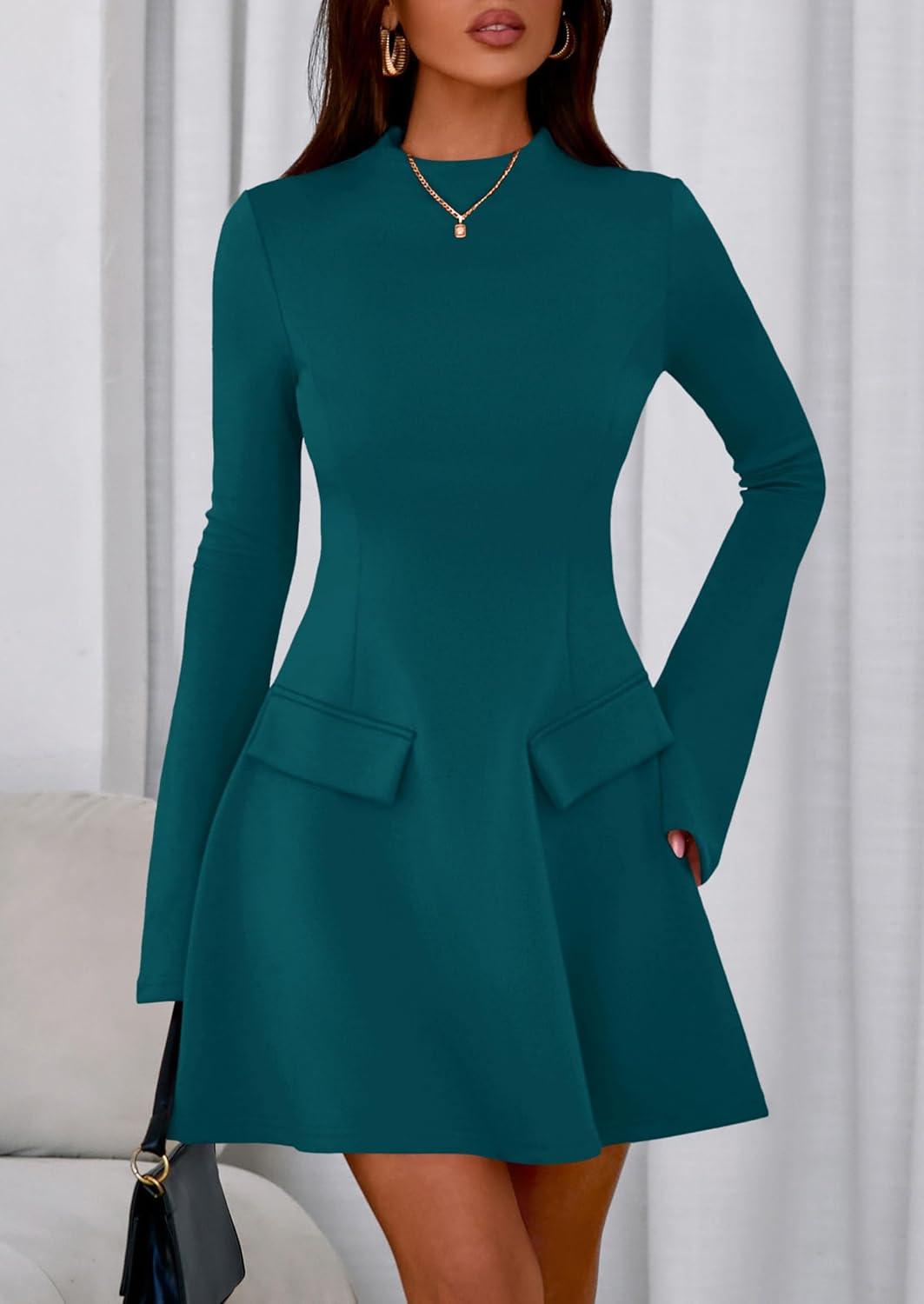 imagePRETTYGARDEN Womens Elegant Holiday Short Dress 2026 Fall Bell Long Sleeve Mock Neck Work Business Casual Party Mini DressBlue Green