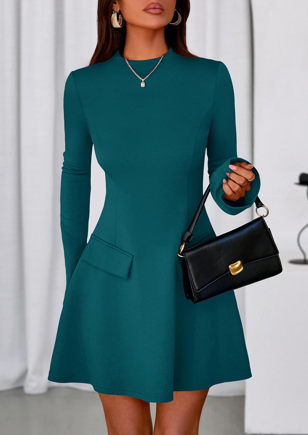 imagePRETTYGARDEN Womens Elegant Holiday Short Dress 2026 Fall Bell Long Sleeve Mock Neck Work Business Casual Party Mini DressBlue Green