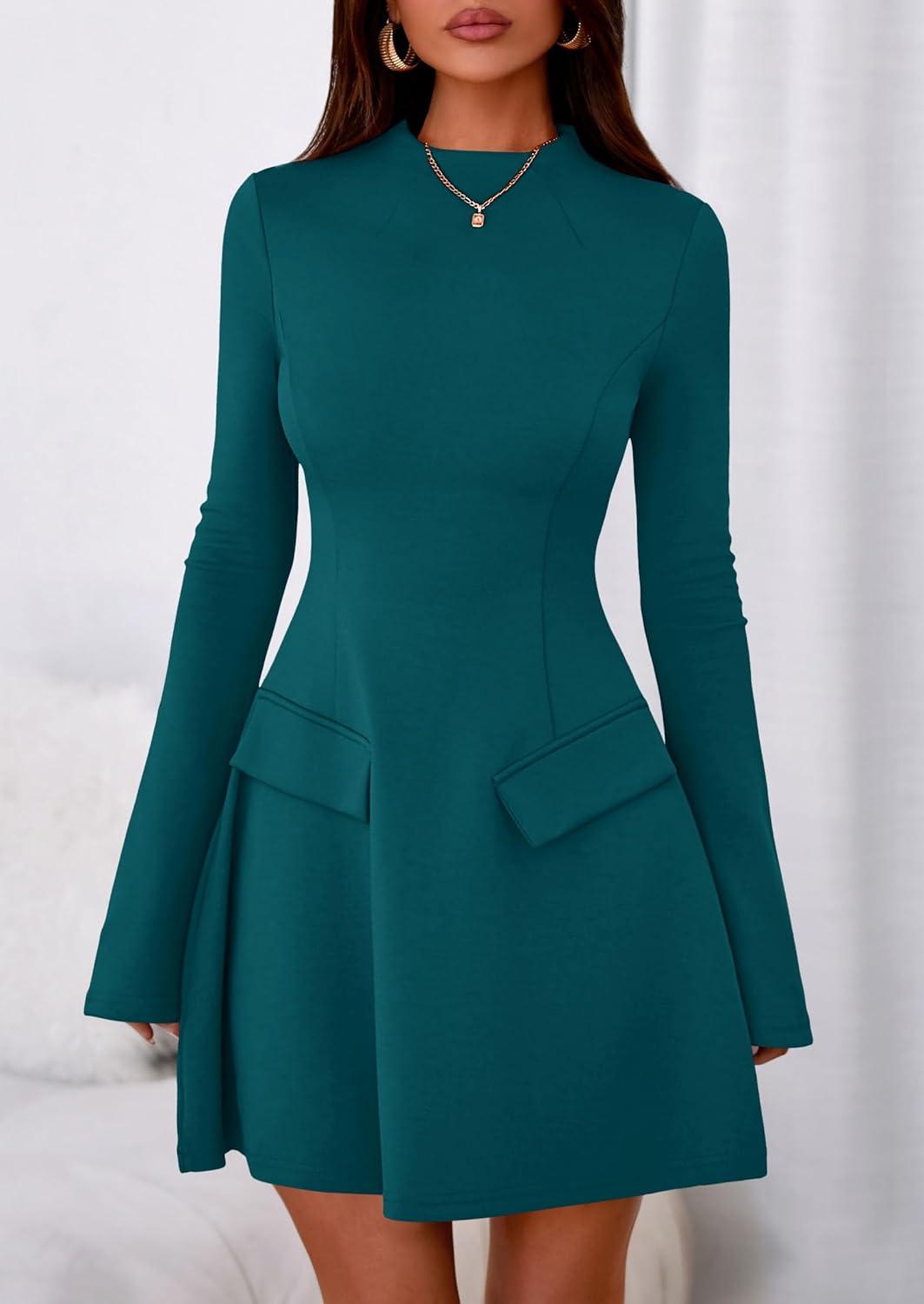 imagePRETTYGARDEN Womens Elegant Holiday Short Dress 2026 Fall Bell Long Sleeve Mock Neck Work Business Casual Party Mini DressBlue Green