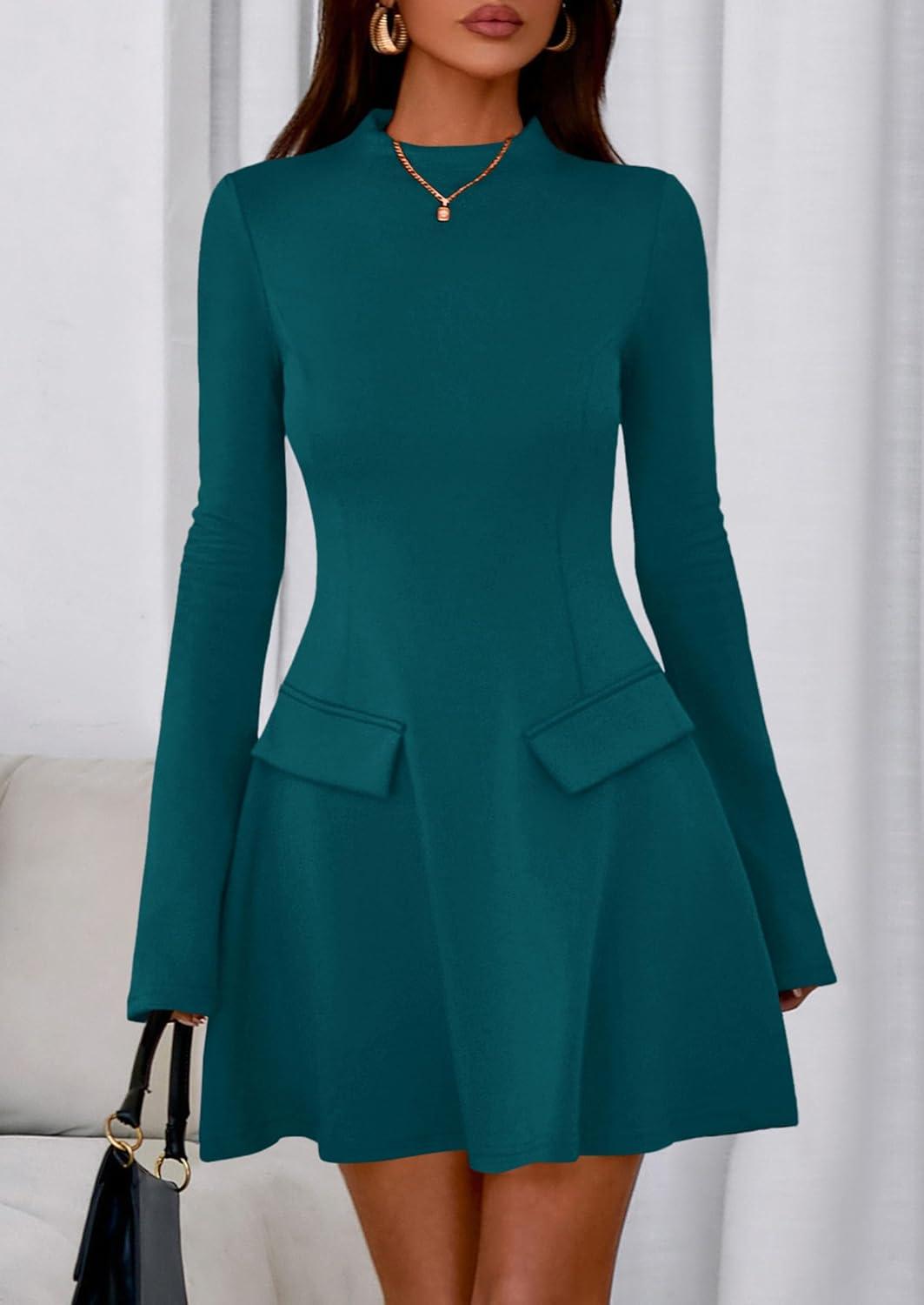 imagePRETTYGARDEN Womens Elegant Holiday Short Dress 2026 Fall Bell Long Sleeve Mock Neck Work Business Casual Party Mini DressBlue Green