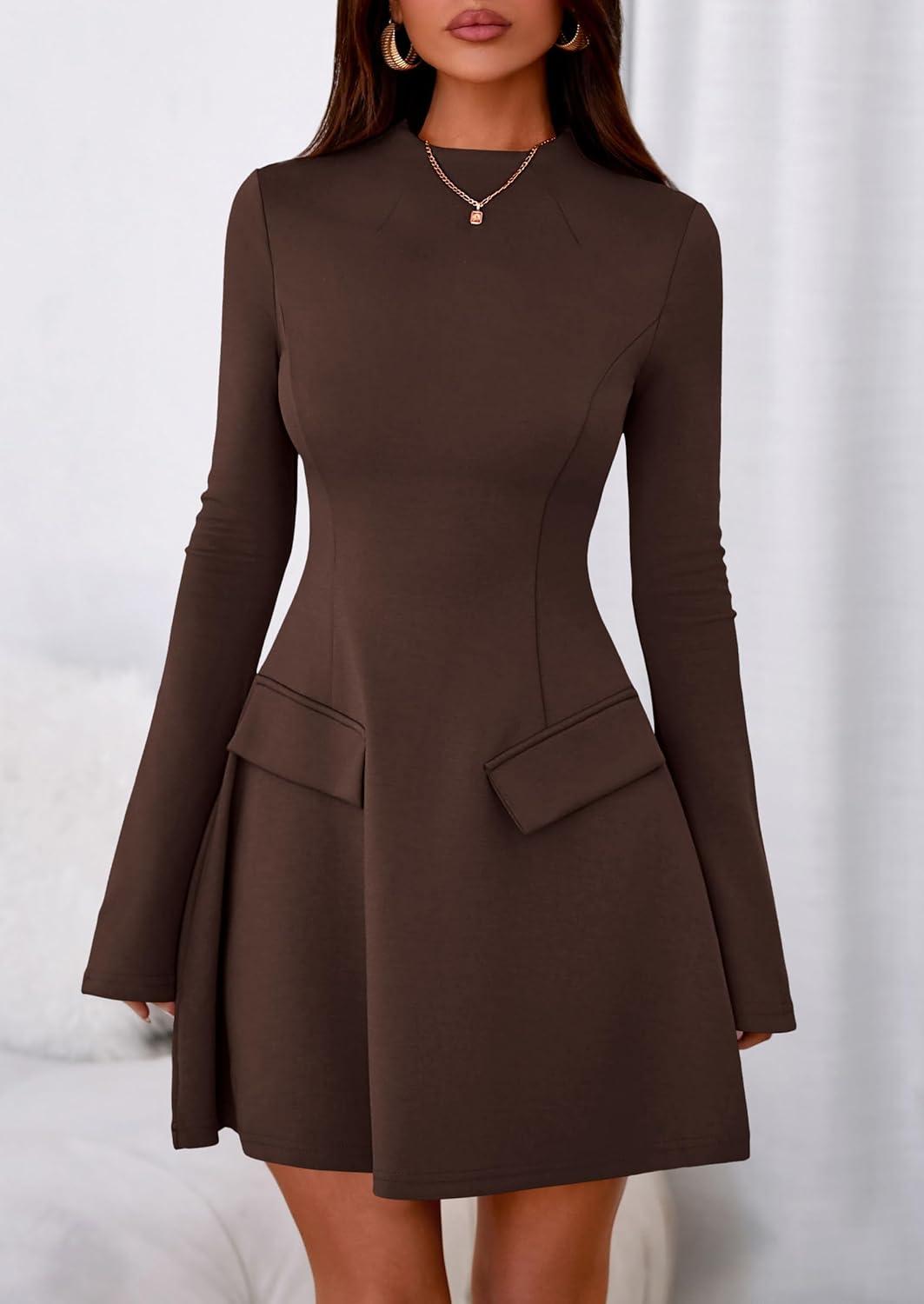 imagePRETTYGARDEN Womens Elegant Holiday Short Dress 2026 Fall Bell Long Sleeve Mock Neck Work Business Casual Party Mini DressBrown